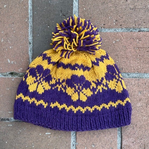 Purple and gold geometric beanie with a pom-pom! 