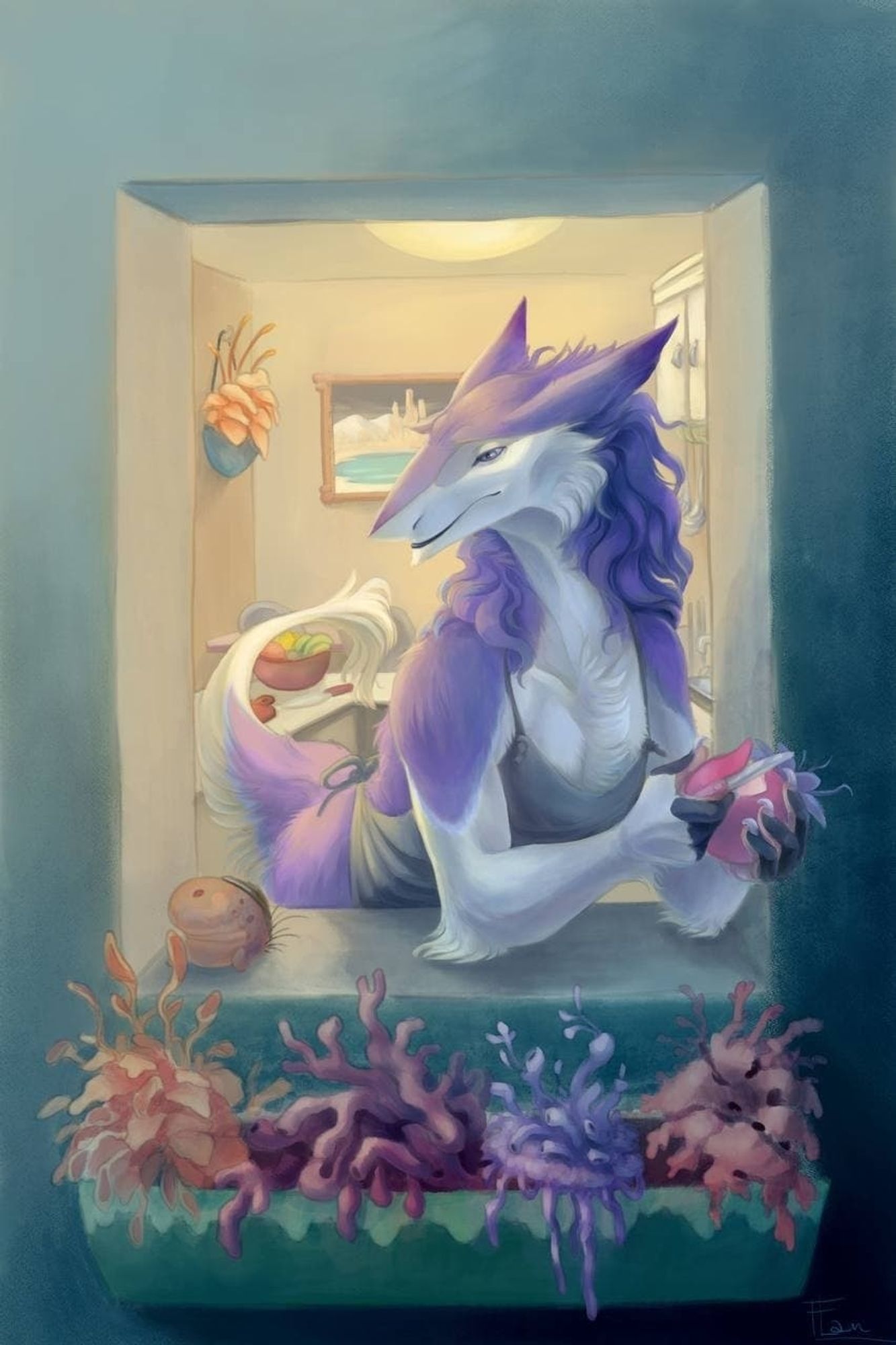 A lavender colored sergal on a window, cutting some vegetables