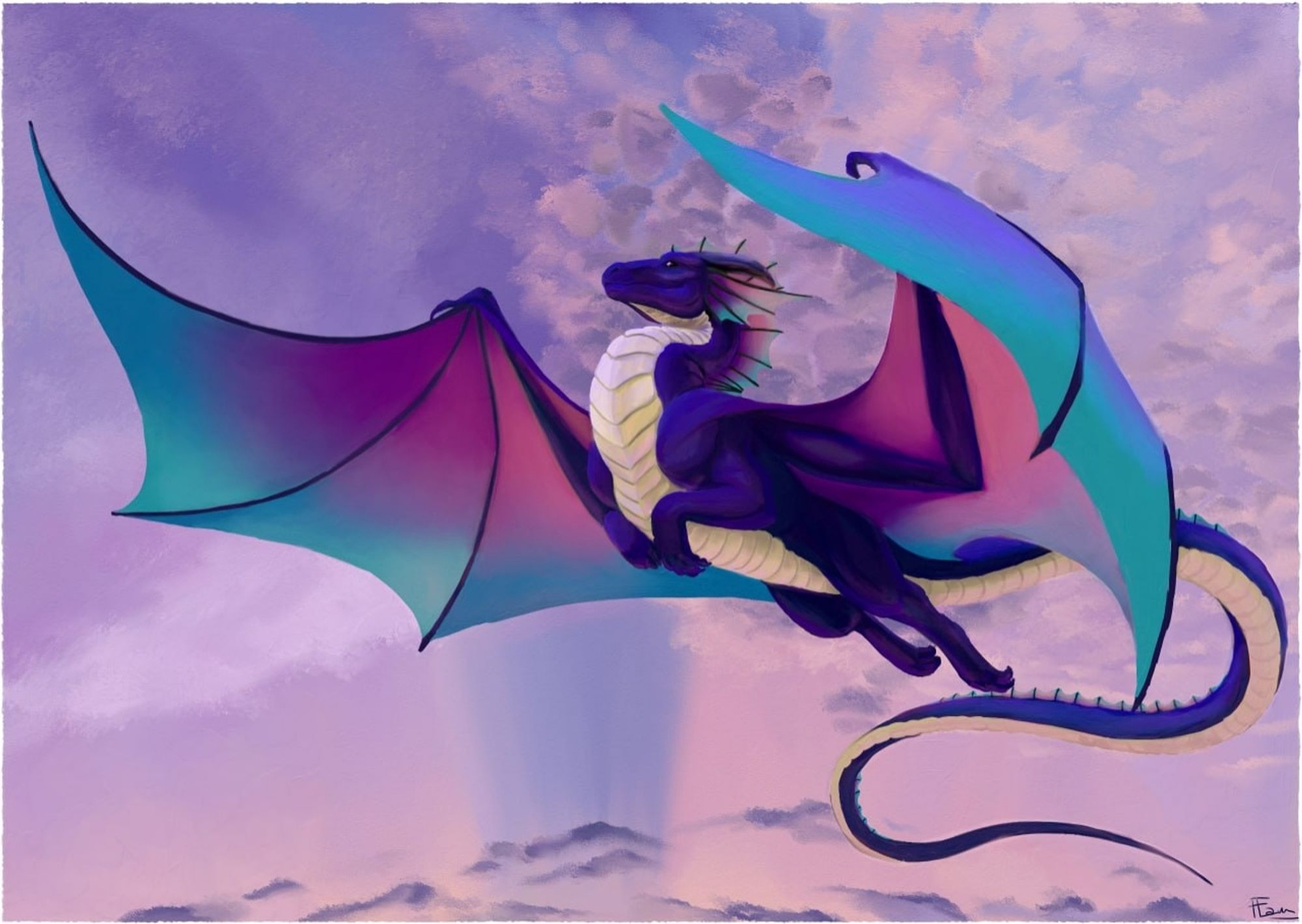 A dark purple dragoness flying over a pink and purple sunrise