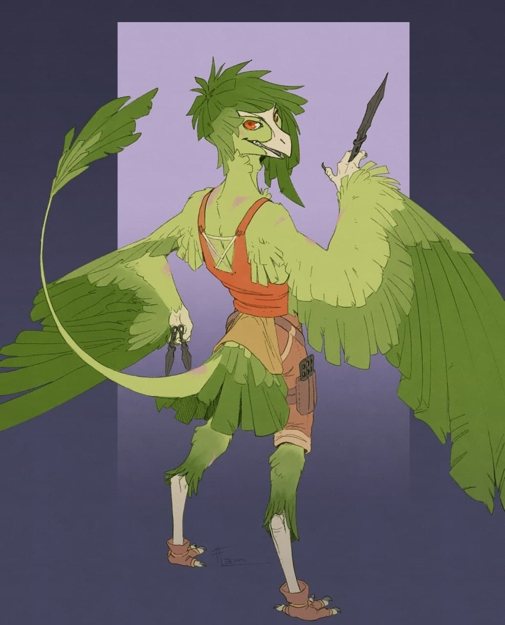 A green colored male Nevrean holding throwing knives