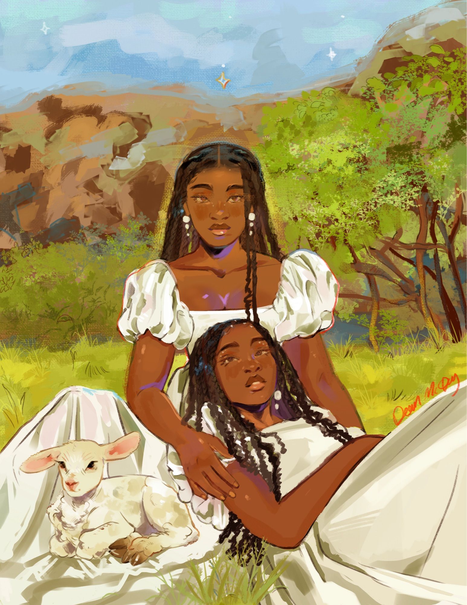 Two beautiful dark skinned sisters who are twins are seen looking softly at the viewer, resting in a meadow like area. They are wearing long white dresses. with short puffy sleeves on their shoulders. One sister relaxes her head on her sister's lap while the other supports her sisters head. A little baby lamb also lay beside the twins, one ear up while the other ear is down. The lamb's white wool almost blends into the white dress's the sisters are wearing. In the background,the sky is a soft shade of baby blue, no clouds are visible. And there is a mountain in the background that stretches to both sides of the picture and a few trees at a distance.

Blackartist
Black artist
Blacksky
Blackgirl magic
Melanin