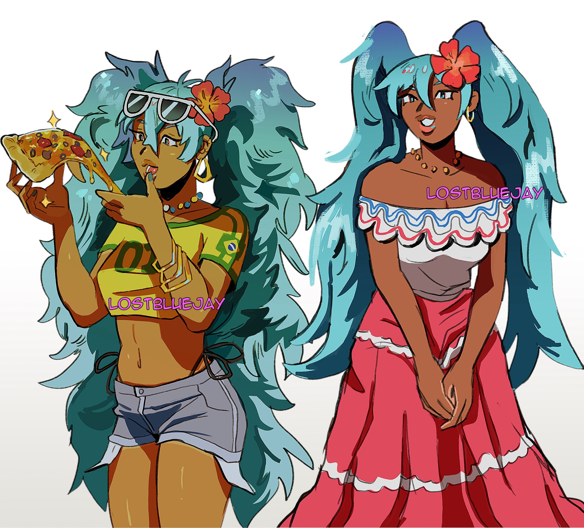 There are two Hatsune Miku’s. The one on the left is holding a slice of pizza, mouth open, ready to take a bite. She is wearing shorts, white sunglasses with a flower on her head, and a Brazilian color (yellow & green) crop top. 

The Miku on the right represents the country of Puerto Rico. She is looking towards the viewer with a soft smile, hands gently pressed together where they sit on her lap. She’s wearing long a red skirt that ends at her feet, and a white top that shows off her bare shoulders. A red flower rests her hair.