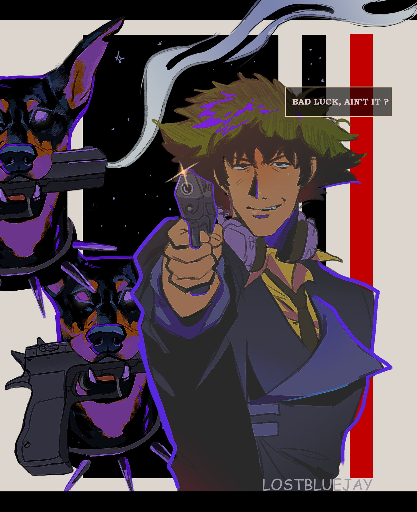 Illustration of Spike Spiegel from cowboy bebop. Spike has a smirk on his face as he points a gun towards the viewer. He has a dark blue suit jacket, yellow button up shirt, and a black tie. His hair has a green tone. 

Behind him on the right are two head shots of the Doberman. The Dobermans are holding a gun in their maw. They also are wearing a black spiked collar. There is  smoke coming out of the barrel of the gun.

Behind Spike and the Dobermans is a rectangle shape that shows stars in space.

Text: Bad Luck, ain’t it?