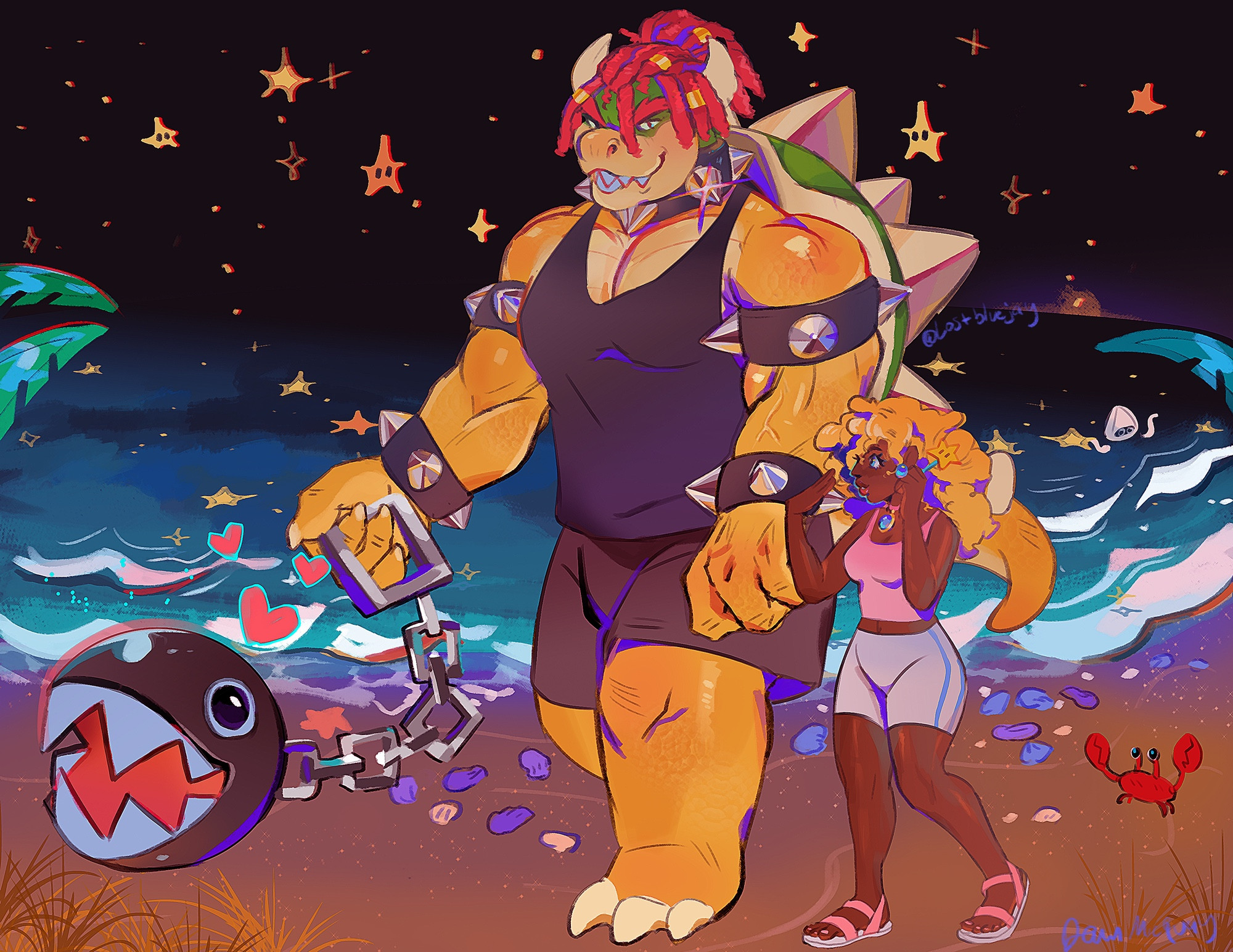 The theme of this Mario illustration was based on the Blacktober event back in 2022. 

Bowser & princess peach are walking on a beach. Chomper’s toothy mouth is wide open as it delightfully hops while on a leash chain, restrained by Bowser’s strength. 

Bowers offers a toothy grin towards the viewer. Red dreads adorn his head. He wears a black tank top and shorts. His wrists and arms are decorated with spikes. 

Princess Peach’s attention is pulled towards the scenery as she gazes at the ocean. Her skin is a beautiful brow, and her hair is a dark yellow. She wears a pink tank top and white gym shorts with a blue stripe and white sandals with pink straps. Wrapped around her neck is a choker with a blue jewel.

The background displays and ocean and the night sky above twinkly stars. A blooper, squid-like creature peaks head from underneath the water. A few plants and seashells litter on the beach. A red crab seems to be following the pair