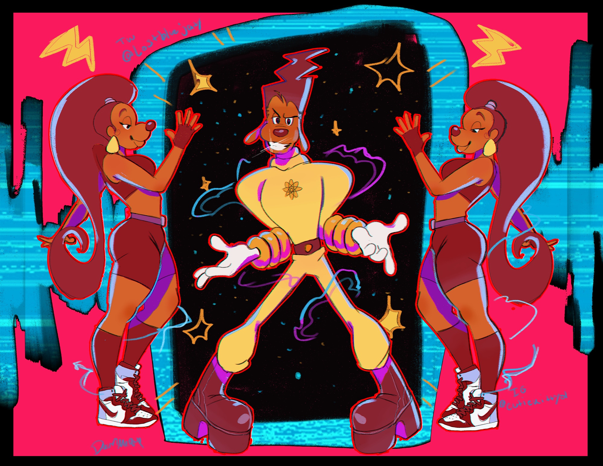 Illustration of Powerline from the Disney movie: A Goofy Movie . Powerline is standing in the middle. His legs are spread with his feet turned inward. He is looking at the viewer with a bright grin on his face. On either side of him are two back up dancers.

The background is a hot pink. In the middle is a shape of a TV with a bright blue outline.

Furryart
Furry art
#furryart