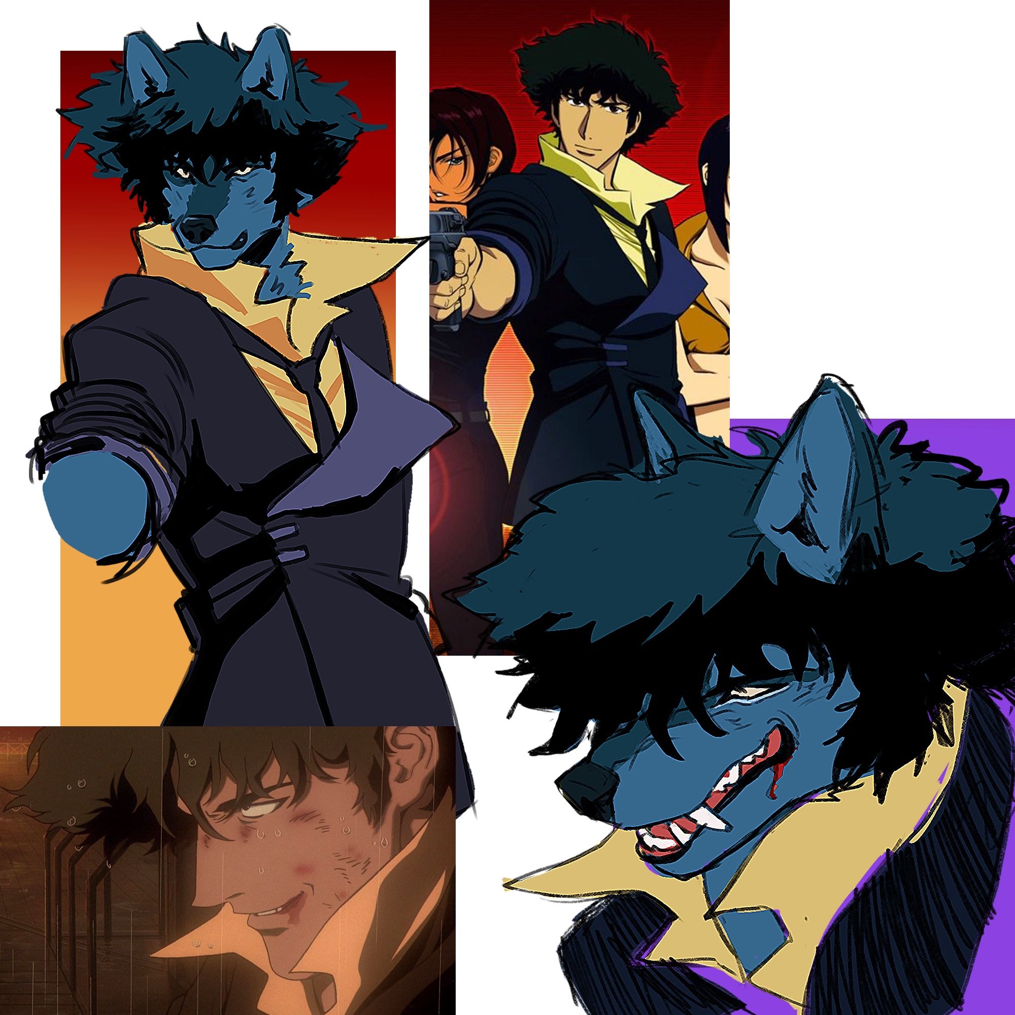 Two sketches of Spike Spiegel from Cowboy Bebop in the form of an anthropomorphic blue wolf.