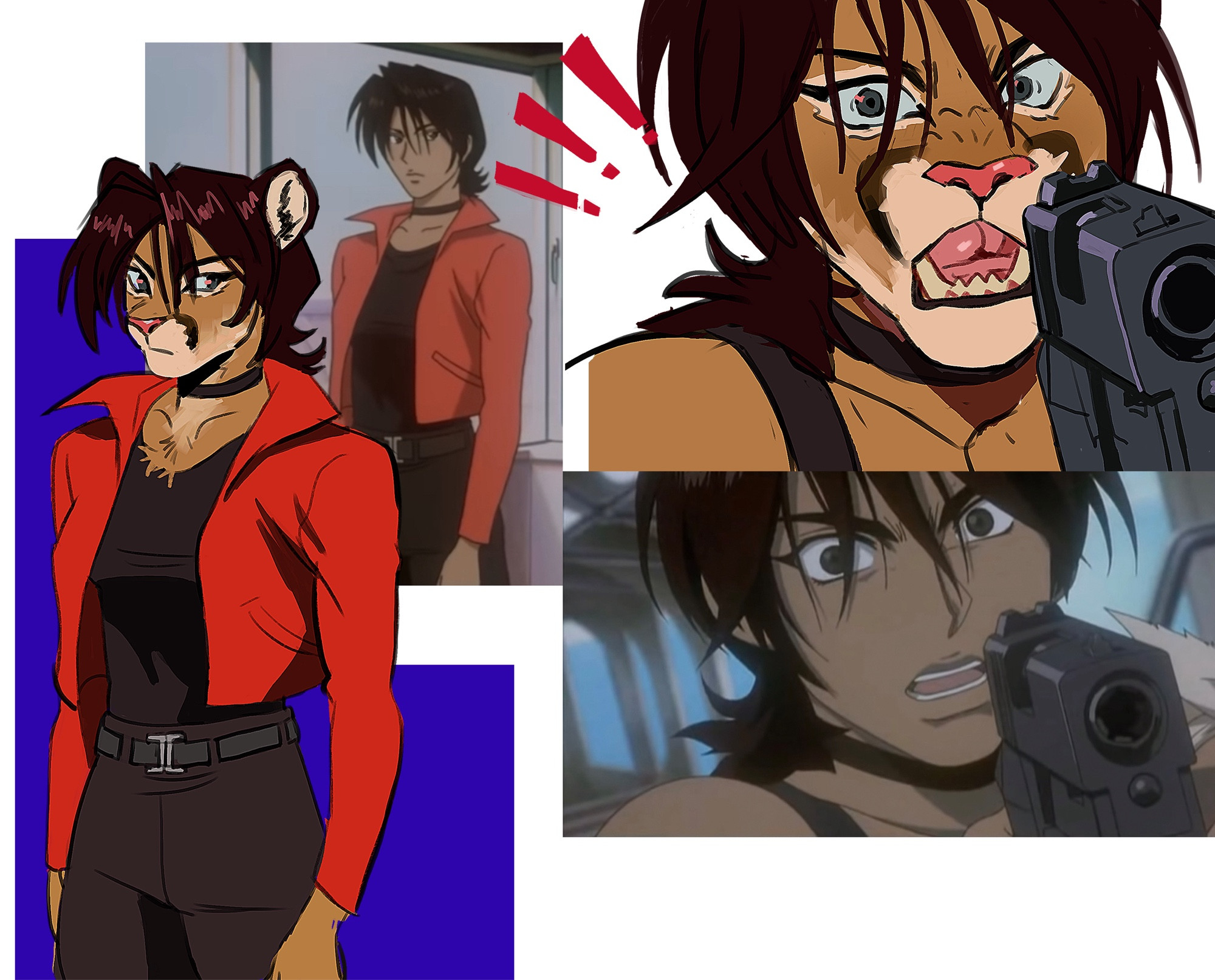 Four images of Elektra Ovirowa from the movie, “ Cowboy Bebop: Knocking on heavens door. “ 

On the right is two images of Elektra. The above image presents her in the form of a cougar. Her fur is light brown, nose pink, eyes a light blue with dark blue pupils, and dark reddish-brown hair. Her mouth has fallen open, eyes widen as a look of shock pass over her face. She holds a gun that is partly out of view. The bottom screenshot is her original human design in the same pose.

On the left are two images of Elektra. On the bottom she is in her cougar design. She stares sideways at the viewer with a look of skepticism. She wears a long sleeve red jacket and black tank top and pants. Around her neck appears to be a black choker. The screenshot above her is her original human design in the same pose.