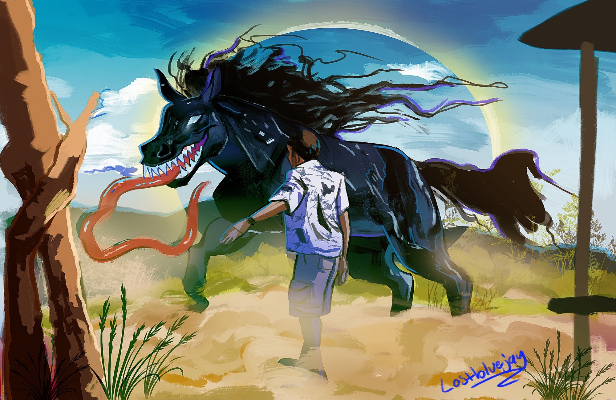 Illustration of Venom and Eddie from the movie: VENOM The Last Dance. The symbiotie takes on the form of a horse, making the animal’s entire body appear eerie black. The eyes are white with a bluish tint. It’s tongue is long as it things out its mouth. 

Eddie stands in front of the (venom) horse, his back towards the viewer. He has on brown shorts and bluish shirt with designs on it. 

There is an accumulation of dirt and dust that slowly rises in the air, and you can barely see their feet on the ground. A tree sits in the left of the image and a partial view of a structure on the left. It he landscaped is green while the sky is a gorgeous blue with clouds. 
I have no space left to write.