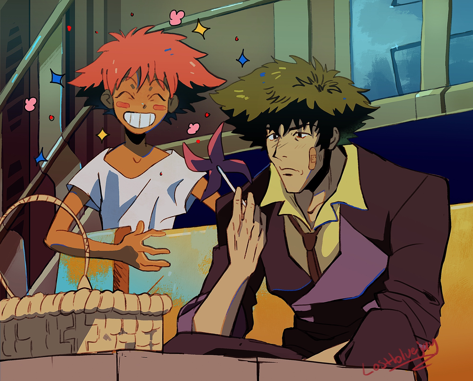 Illustration of Ed and Spike Spiegel from Cowboy Bebop. Ed has a huge grin on her face. She is giving Spike a pinwheel as a gift as he holds & looks at it in bewilderment. There is a basket on a table in front of Spike.