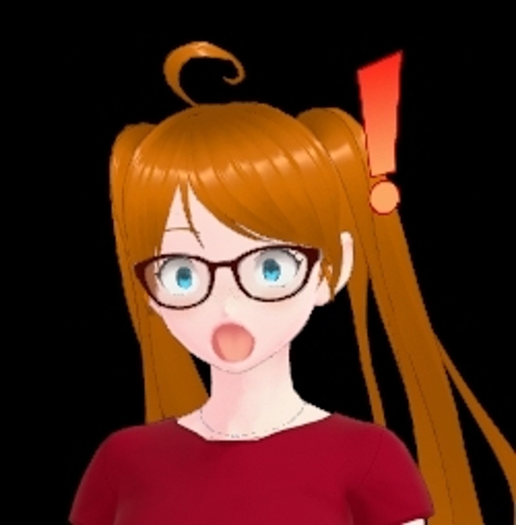 A closeup of Pi, an orange haired female vtuber, with her new outfit: a darker red shirt and a necklace. She has a shocked expression with a cartoony orange exclamation mark by her head.