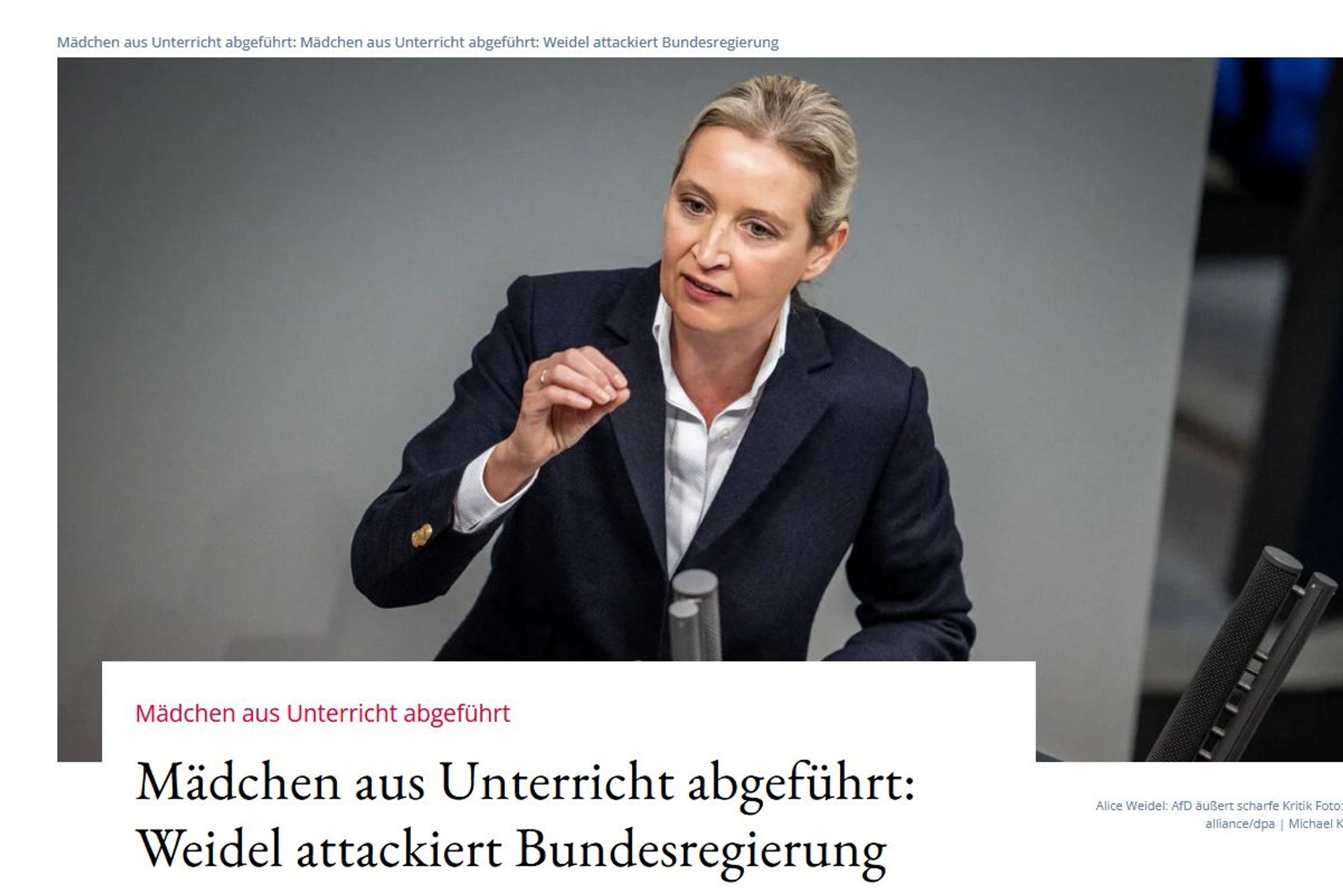 Screenshot der "Jungen Freiheit" mit Foto von Alice Weidel