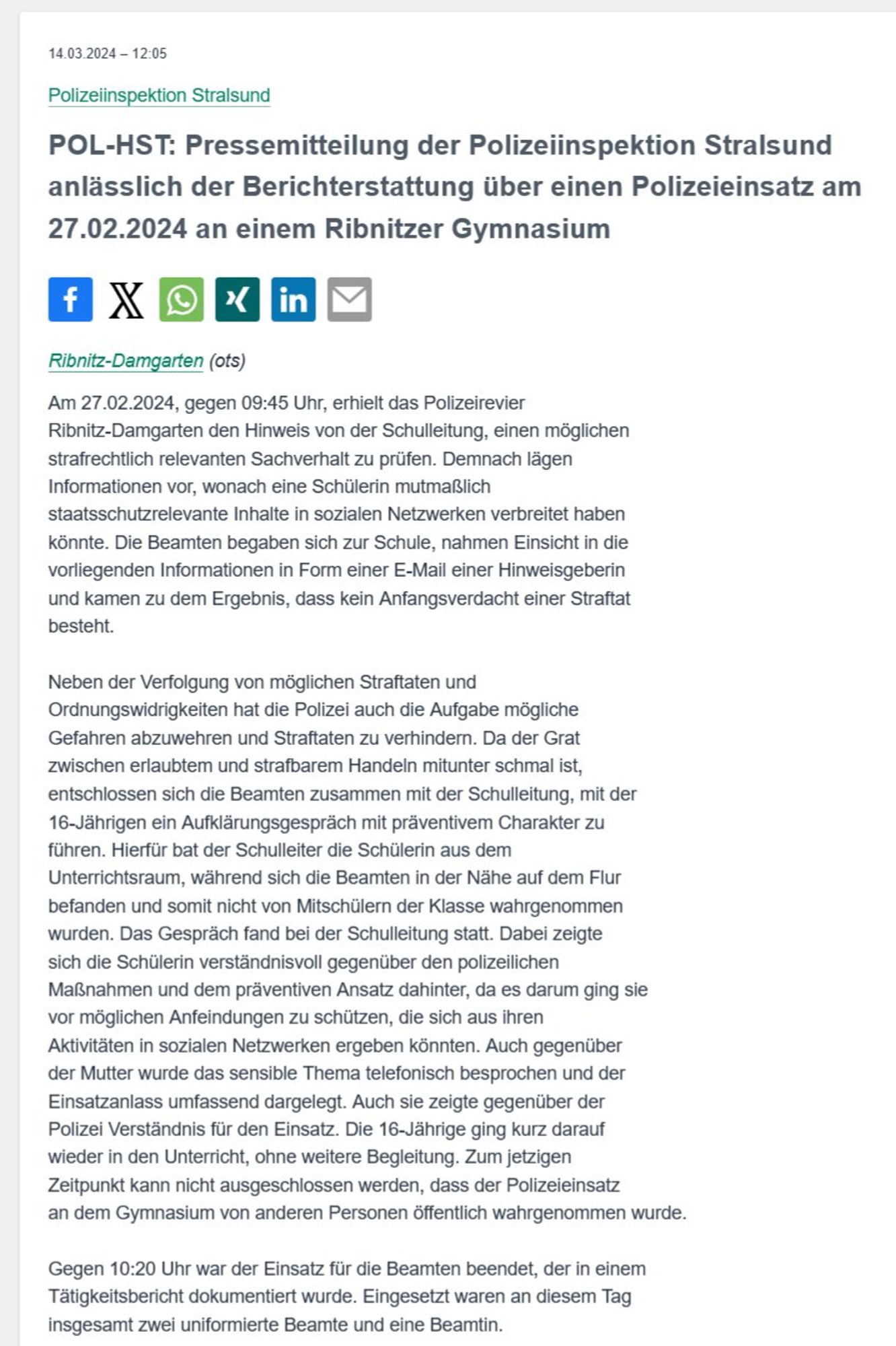 Pressemitteilung der Polizei zu dem Vorfall