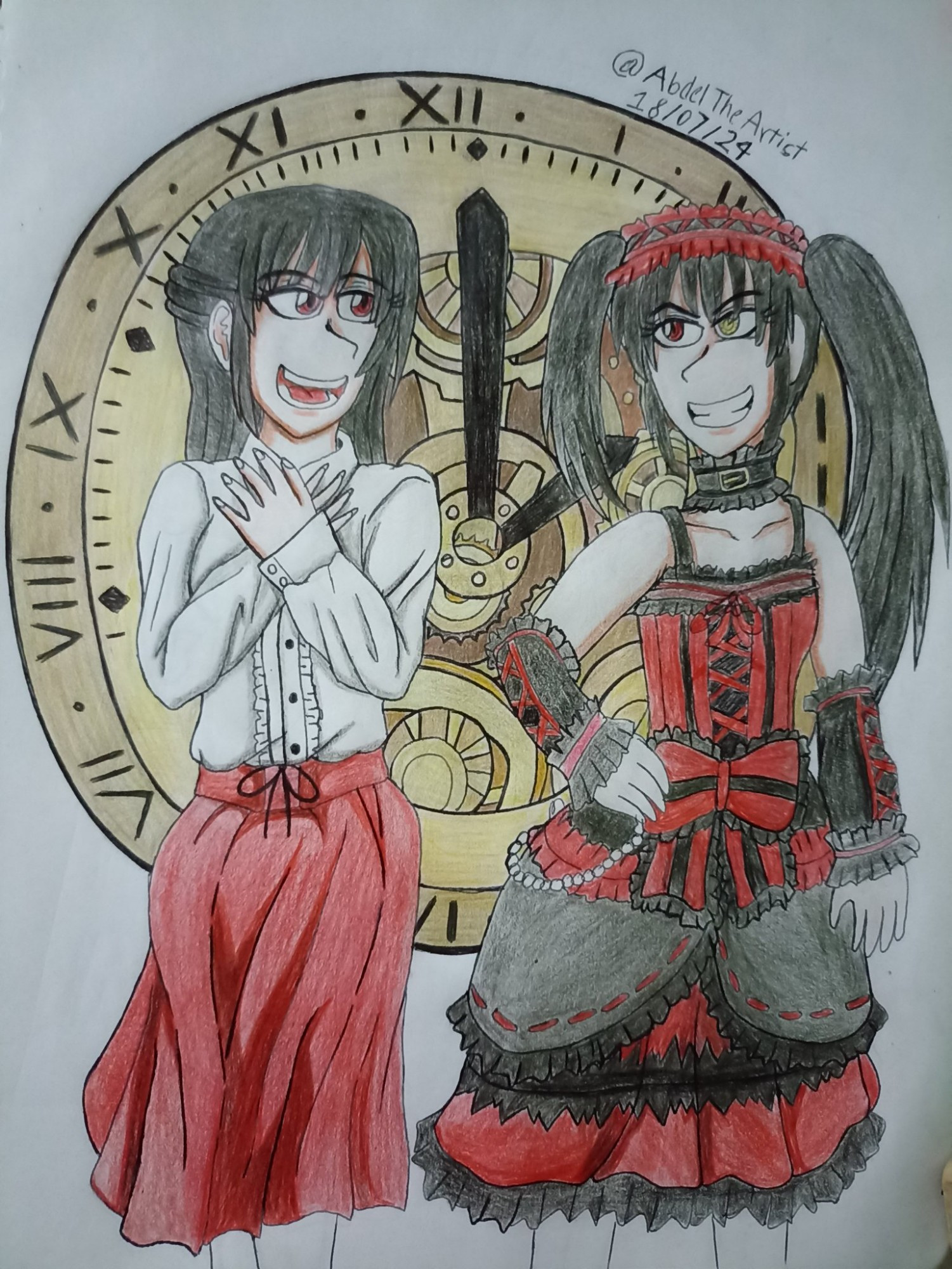 Fanart de las dos versiones de Kurumi Tokisaki, su versión espíritu (derecha) y su yo humana (izquierda) ambas viéndose de forma desafiante, detrás de ellas está un enorme reloj dorado con sus engranes expuestos, ese es el arcángel Zaphkiel que ayuda a Kurumi