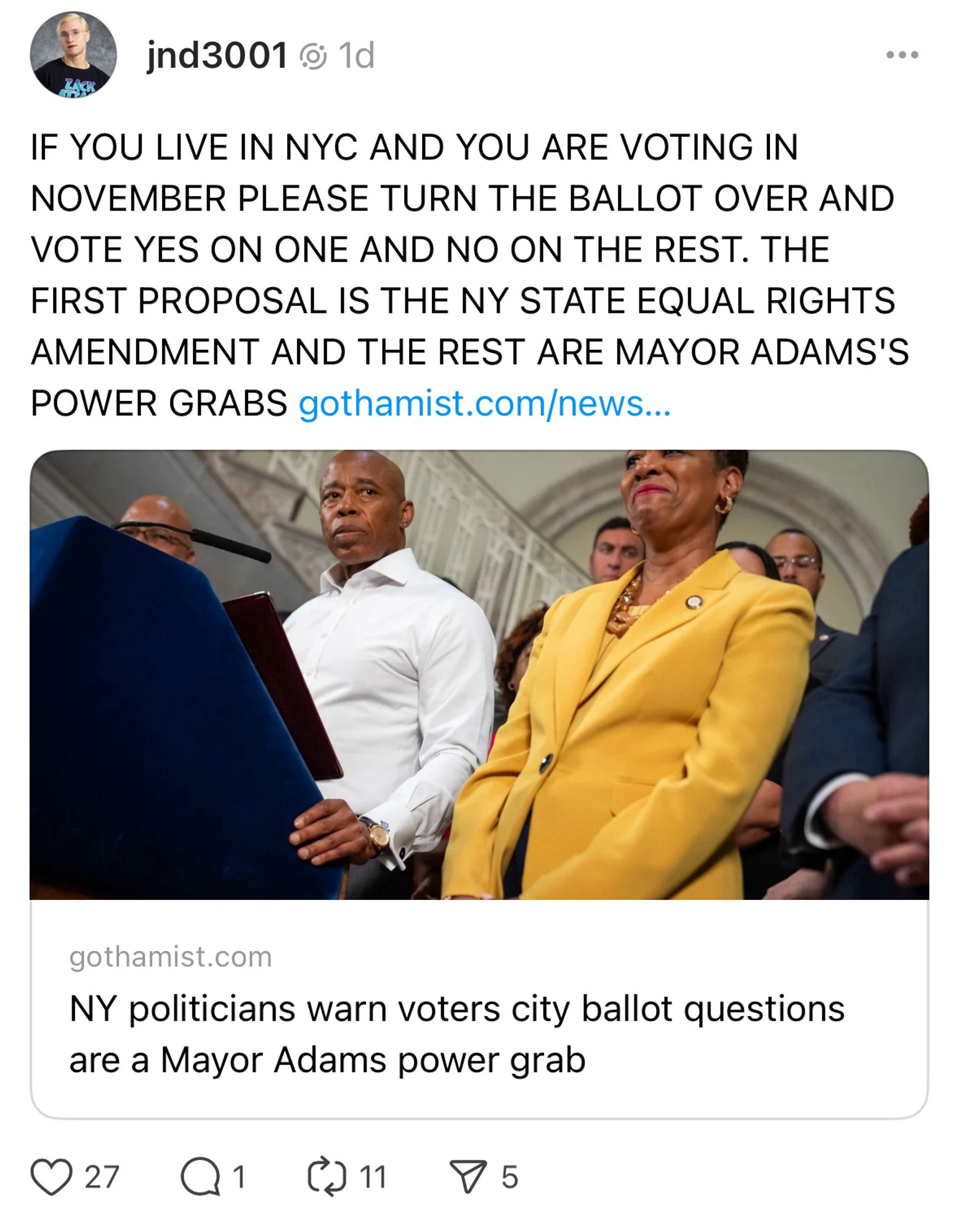 IF YOU LIVE IN NYC AND YOU ARE VOTING IN NOVEMBER PLEASE TURN THE BALLOT OVER AND VOTE YES ON ONE AND NO ON THE REST. THE FIRST PROPOSAL IS THE NY STATE EQUAL RIGHTS AMENDMENT AND THE REST ARE MAYOR ADAMS'S POWER GRABS https://gothamist.com/news/mayor-adams-charter-revision-opponents-ny