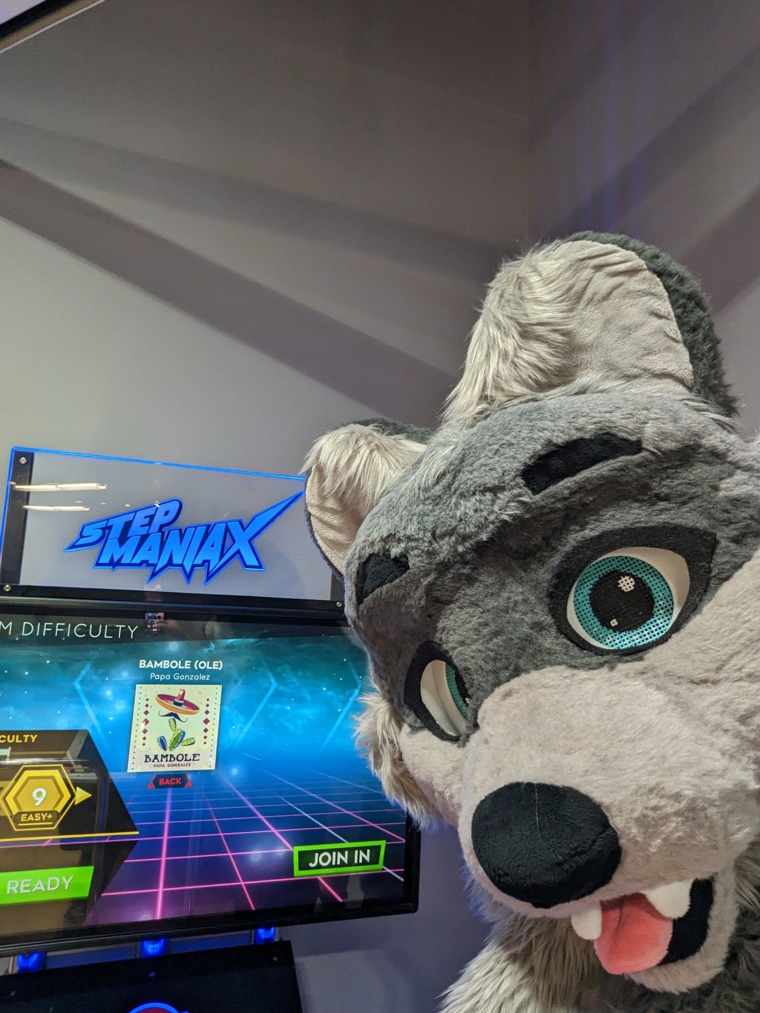 A photo of a raccoon fursuit standing in front of a StepManiaX game monitor.