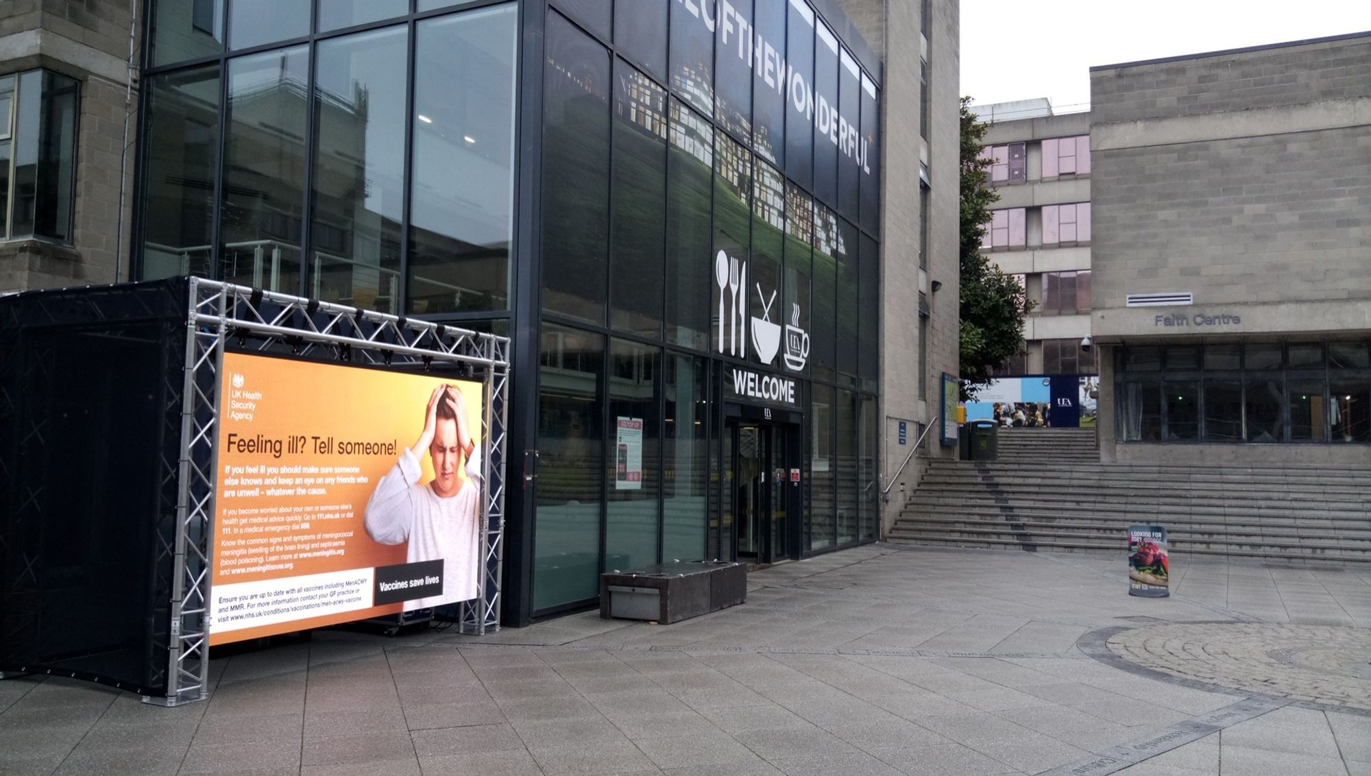 Temporary digital signage in The Square at UEA ready for welcome week