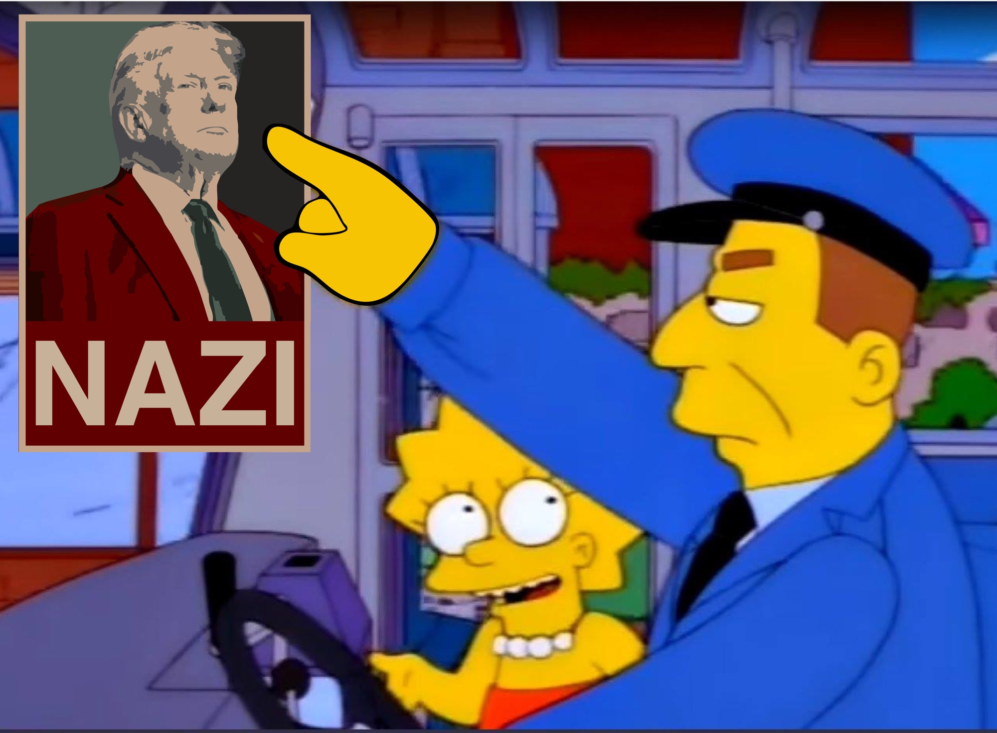 Simpsons bus driver meme where the bus driver is tapping the ‘don’t talk to the driver’ sign, which has been replaced with a poster of Trump styled after the Obama ‘hope’ poster and the word ‘hope’ is changed to ‘Nazi’