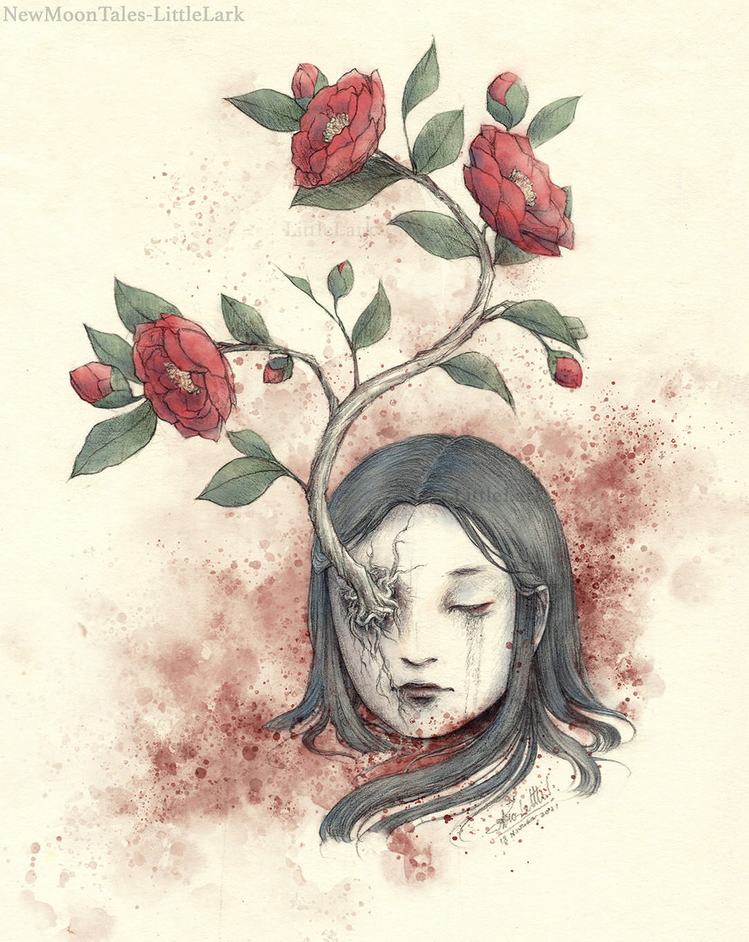 Illustration of a red camellia sprouts from a head of a beautiful princess from ancient Japanese times. Its white root grown from her right eyes as the other eye close by death with a trace of dark tears of soil, and tear drops. It draw a sorrowful path over her pale cheek under her silky black hair with reflections of blue grey. Behind all the scene her blood paint like the flowing ink of crimson, red as the flowers over her head.