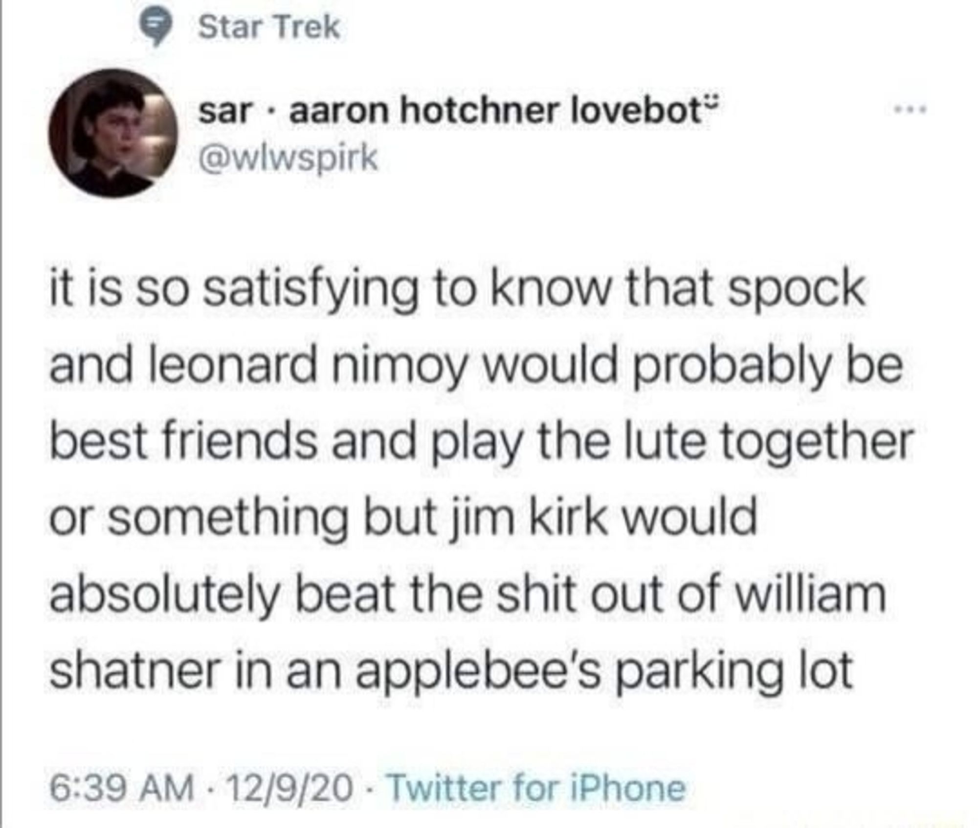 wlwspirk: it's so satisfying to know that spock and leonard nimoy would probably be best friends and play the lute together or something but jim kirk would absolutely beat the shit out of william shatner in an applebee's parking lot