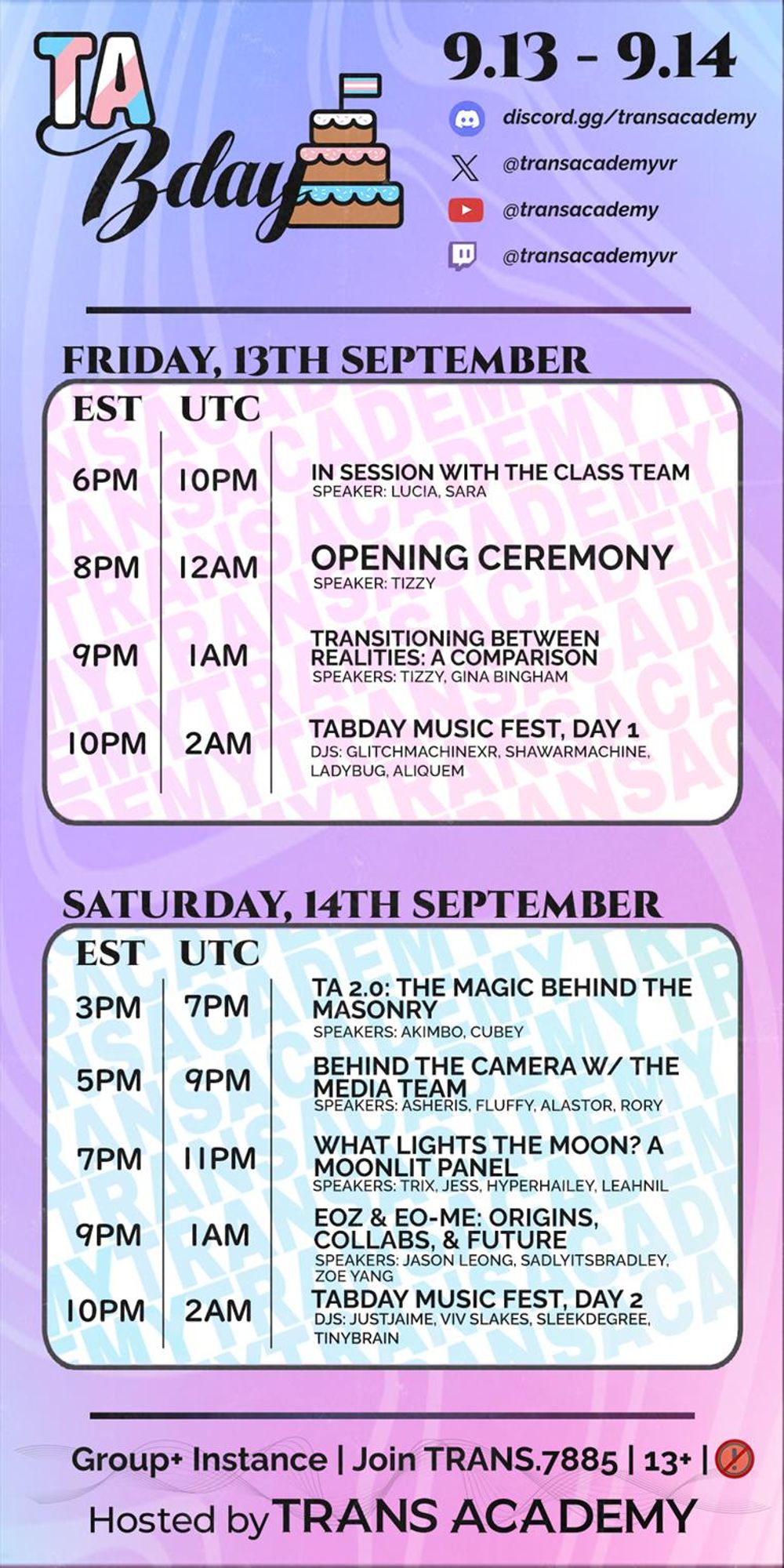 The graphic is a schedule depicting a lineup of events. The top says TA Bday, with a cake next to the text. It reads 9.13 to 9.14, with social media links going towards Trans Academy.
Friday 13th September
The times are in EST and UTC.
6PM/10PM - In Session with the Class Team, speaker Lucia
8PM/12AM - Opening Ceremony, Speaker Tizzy
9PM/1AM - Transitioning Between Realities: A Comparison, Speakers Tizzy & Gina Bingham
10PM/2AM - TABday Music Fest, Day 1, DJs GlitchMachineXR, Shawarmachine, Ladybug, Aliequem
Saturday 14th September
3PM/7PM: TA2.0: The Magic Behind the Masonry, Speakers Akimbo & Cubey
5PM/9PM: Behind the Camera w/ The Media Team, Speakers Asheris, Fluffy, Alastor, & Rory
7PM/11PM: EOZ & EO-Me: Origins, Collabs, & Future, Speakers Jason Leong, SadlyItsBradley, & Zoe Young
10PM/2AM: TABday Music Fest Day 2, DJs JustJaime, Viv Slakes, SleekDegree, & TinyBrain
The bottom is divided with informational things:
Group+ Instance, Join TRANS.7885, 13+, & no very poor avatars.