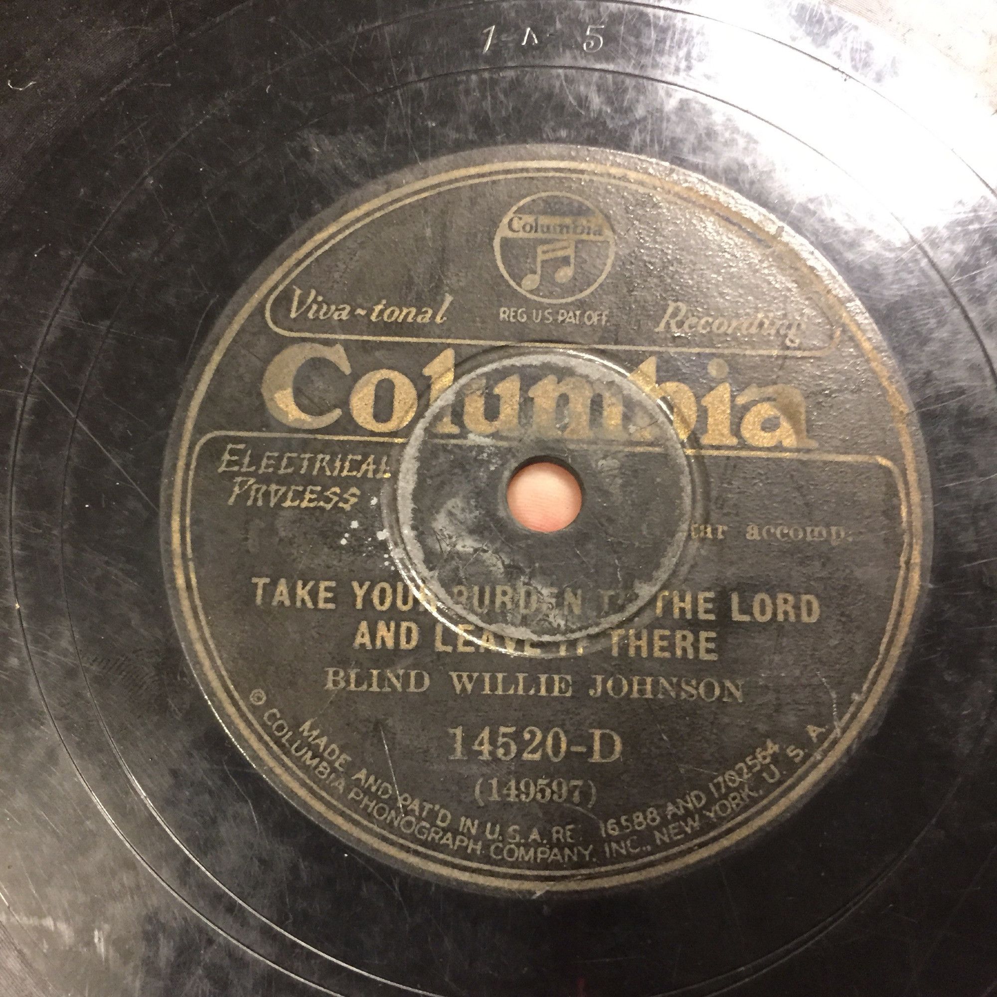 Label picture of 78 RPM disc of Take Your Burden To The Lord And Leave It There by Blind Willie Johnson