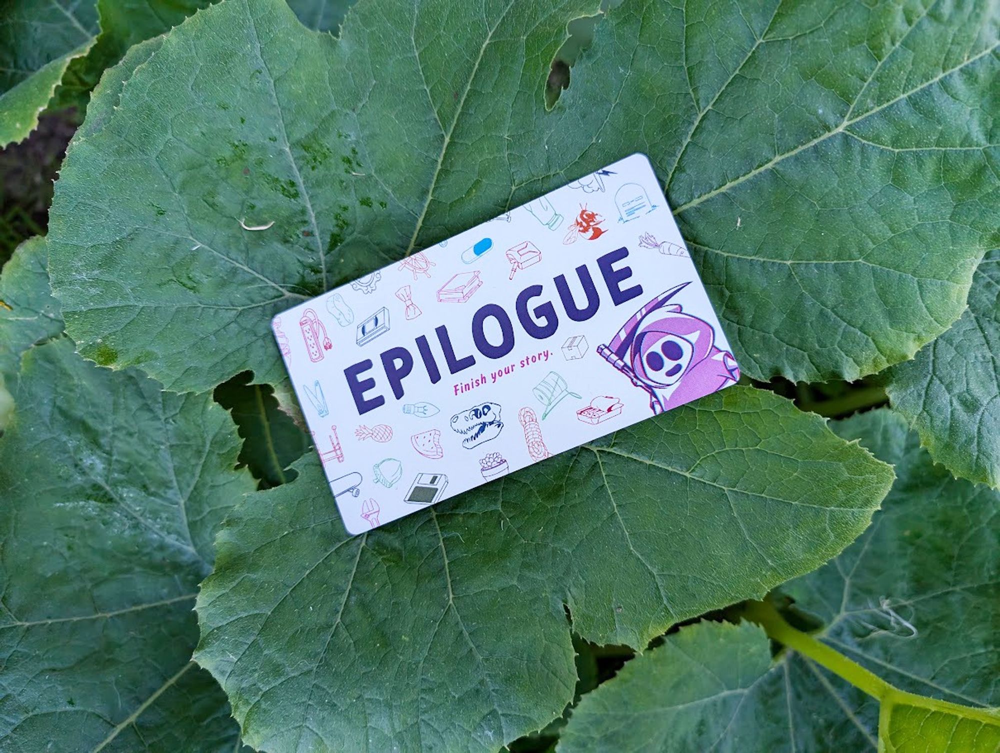 Epilogue card on top of squash plant leaves.