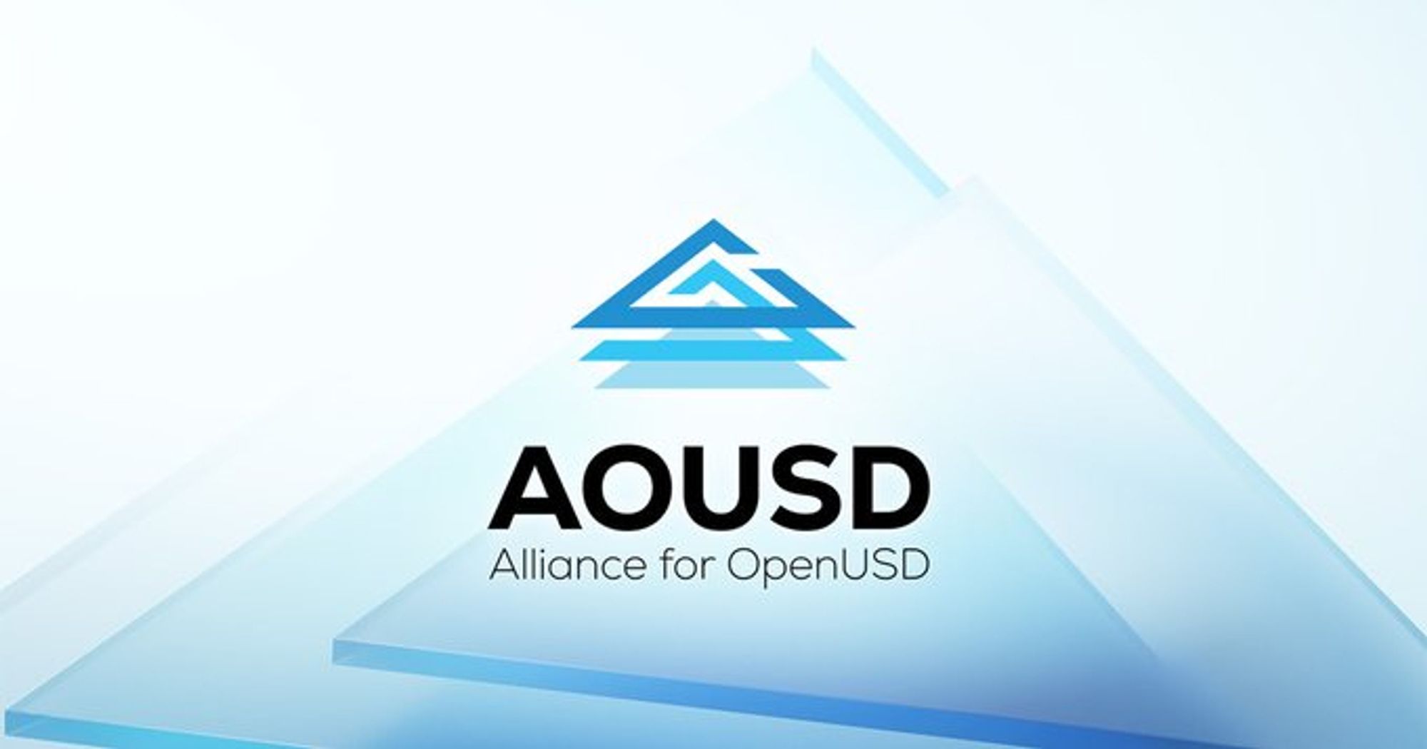 Logo Alliance for OpenUSD: AOUSD in black with full name below with a logomark made of three triangles. The first and in the background, full light blue, the next, in the middle layer, made of a thick border open on the left, and the top triangle in darker and saturated blue open in a small slot near the top on the right.