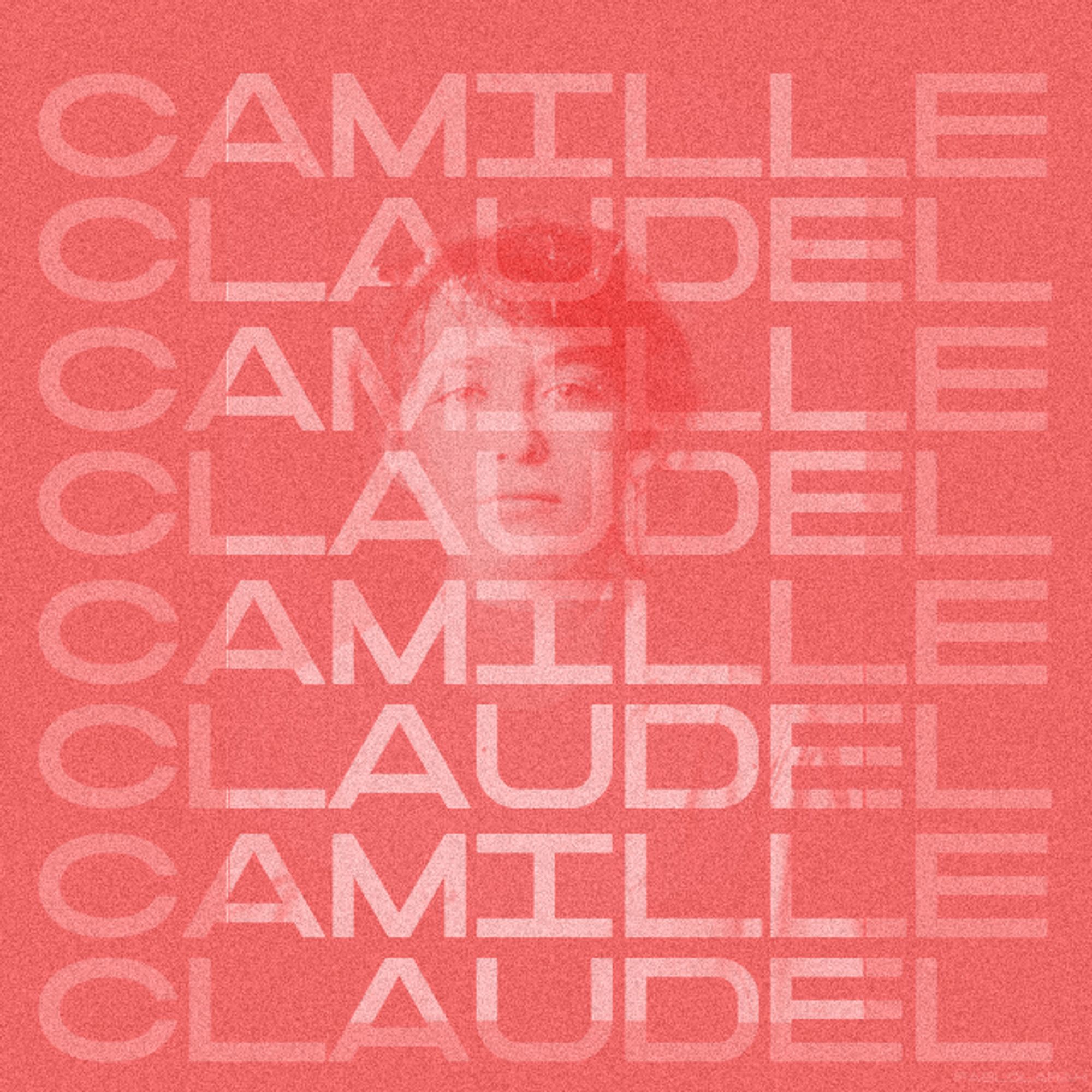 Repeated white text Camille Claudel with an image of the head of Camille Claudel. Duotone pink white.