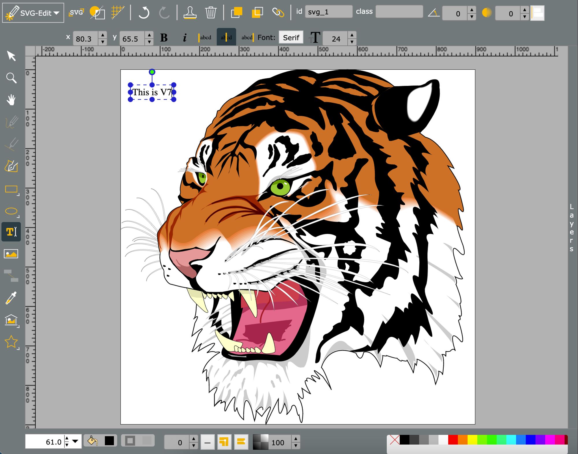 Screenshot of SVG-Edit interface with tiger drawn in the canvas.