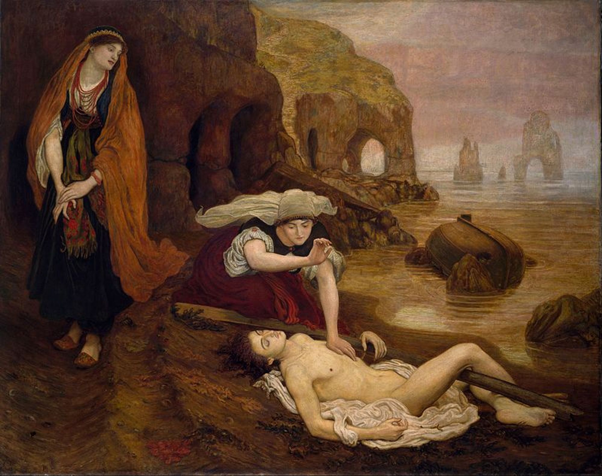 Finding of Don Juan by Haidee, 1873, by Ford Madox Brown 
Featuring two women finding a naked man near the sea