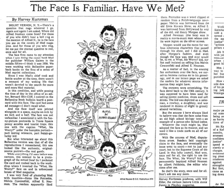 Black and white article with title "The Face is Familiar Have we met?" with genealogical tree of Alfred E. Neuman.
By Harvey Kurtzman