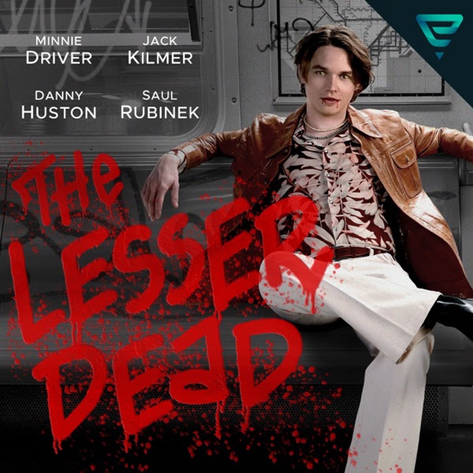 Podcast cover.
Spray painted in red on bottom left: The Lesser Dead.
In white text in top left: Minnie Driver, Jack Kilmer, Danny Huston & Saul Rubinek.
Image of a young man with 70s appearance, brown leather jacket, organic patterned pink and brown shirt and white bell bottom pants. There are drops of blood on the corners of the mouth. He is sat on a subway sit with his arms laying on the back of the sit.