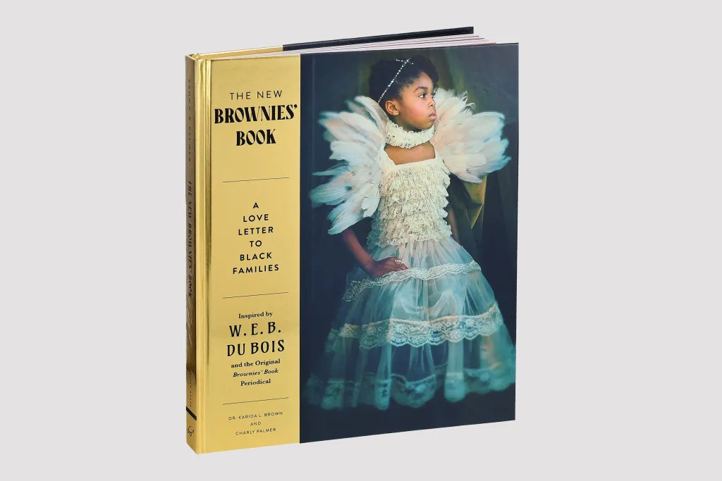 Book cover, featuring a black girl on white dress on the right.
On the left, 1/3 of the cover in gold with black text:
The new Brownies Book.
A love letter to Black Families
By W.E.B. Dubois
And the Original Brownies Book Periodical