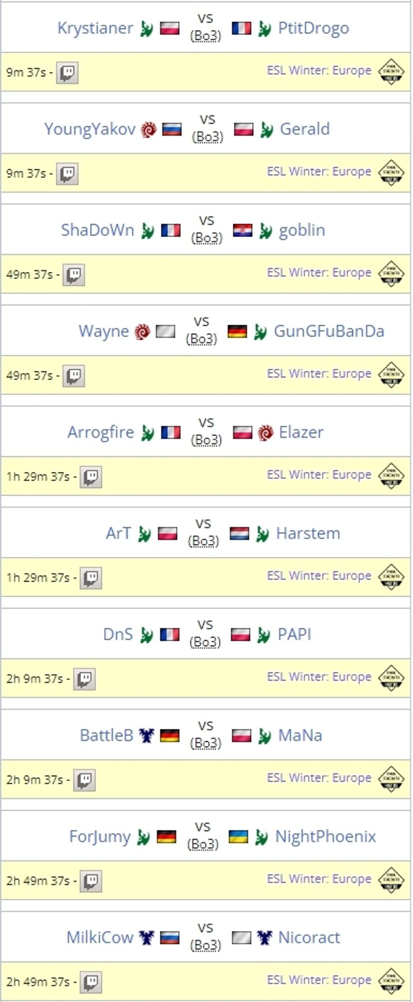 Matchs des esl Winter Europe du 02/11/2023