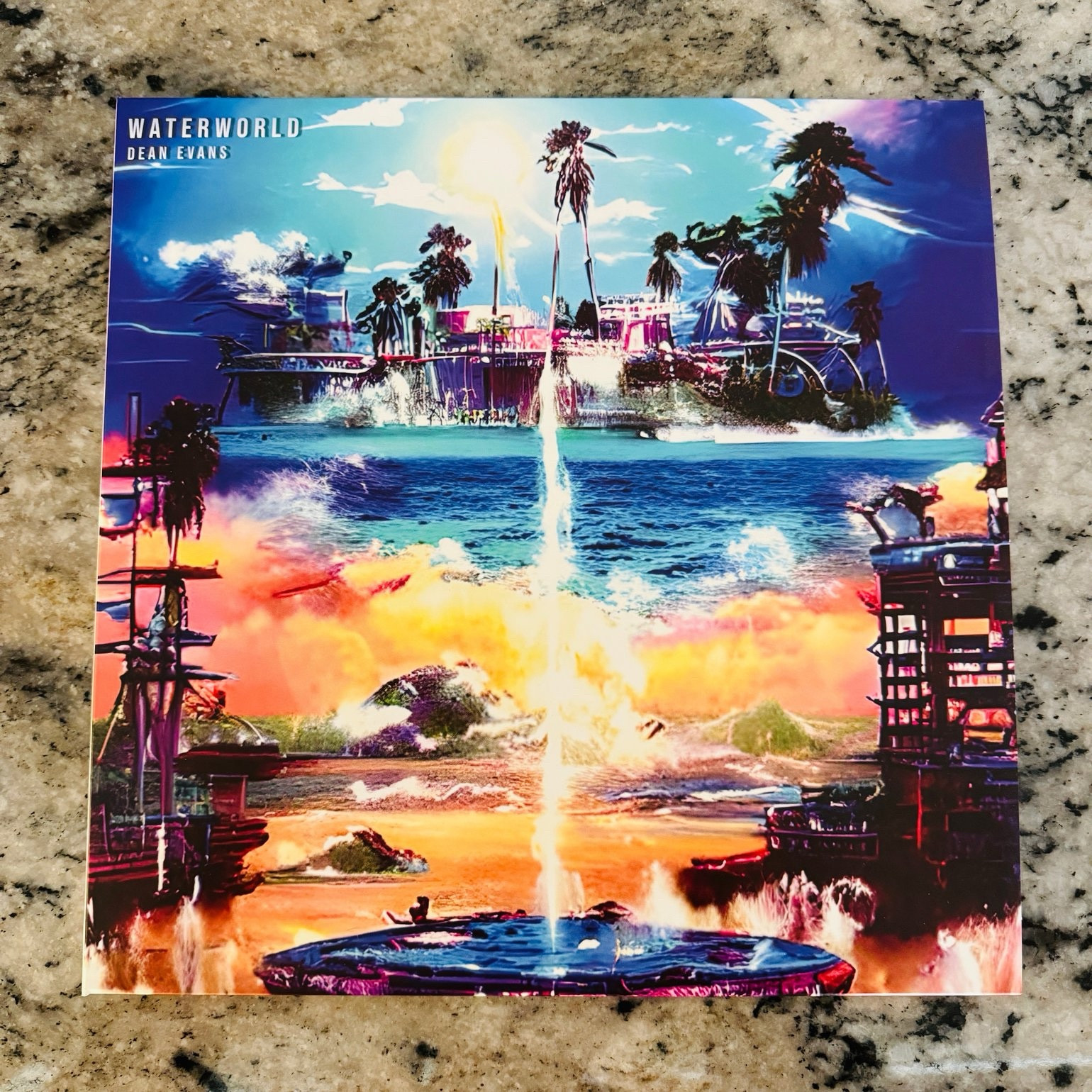 Photograph of the moon shake vinyl release of Waterworld, showing the AI generated artwork on the cover.