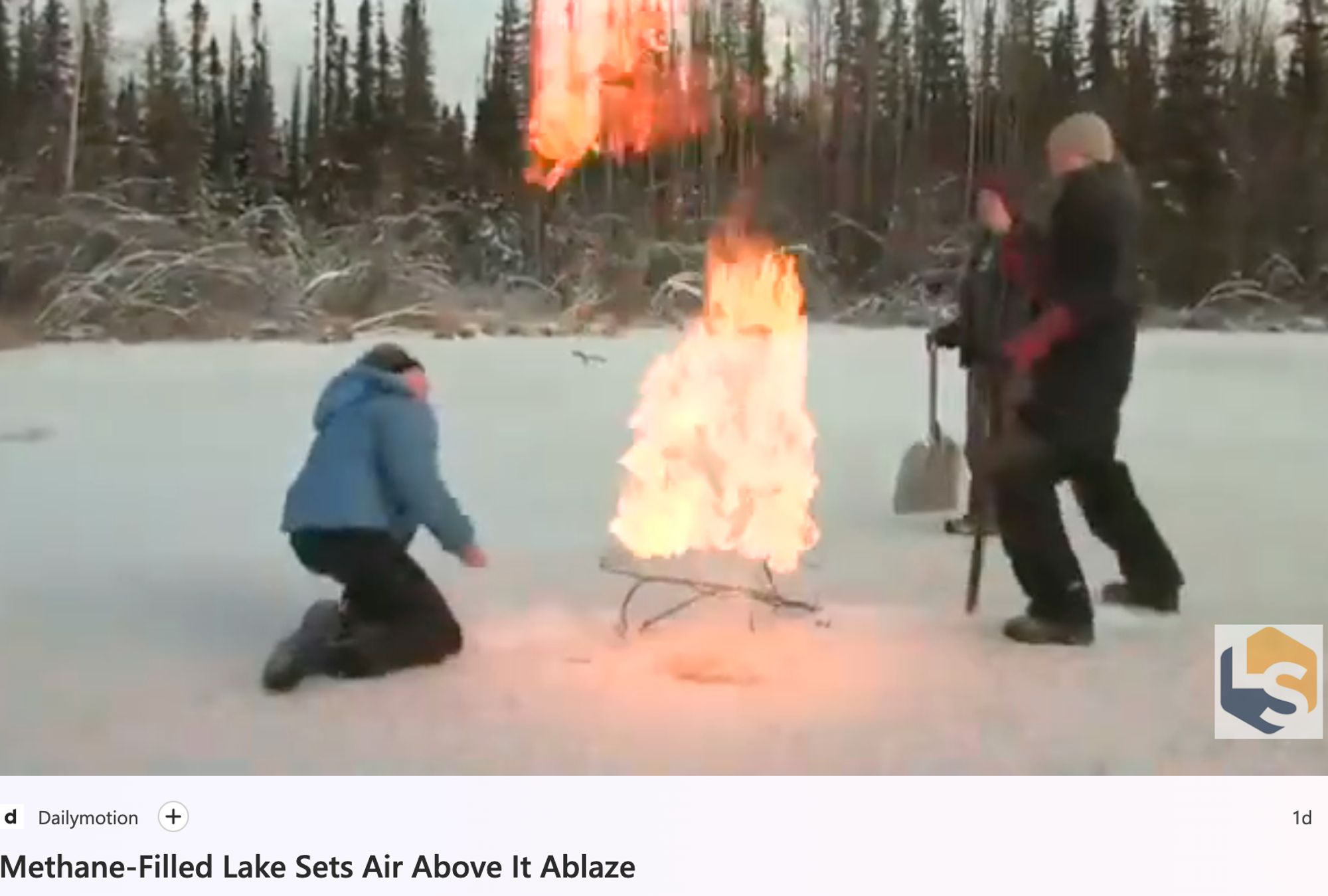 Photo of flames from methane releases from frozen lakes.