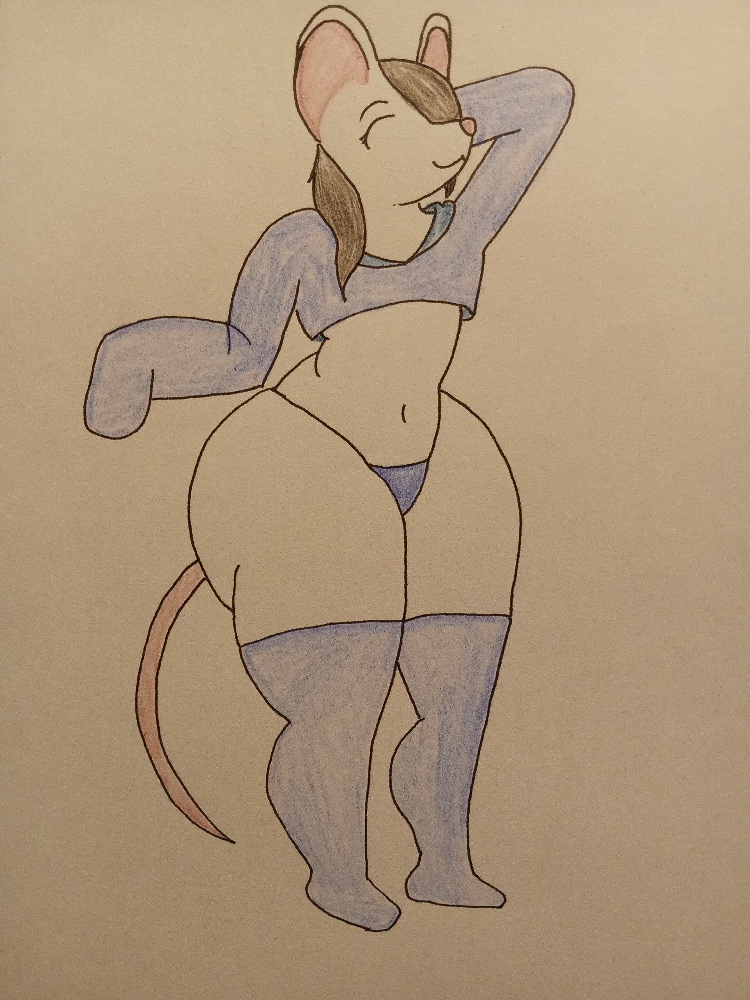 A mouse girl with white fur, long black hair, and wide hips. Her outfit is all dark blue and consists of a crop top, long stockings, and a thong.