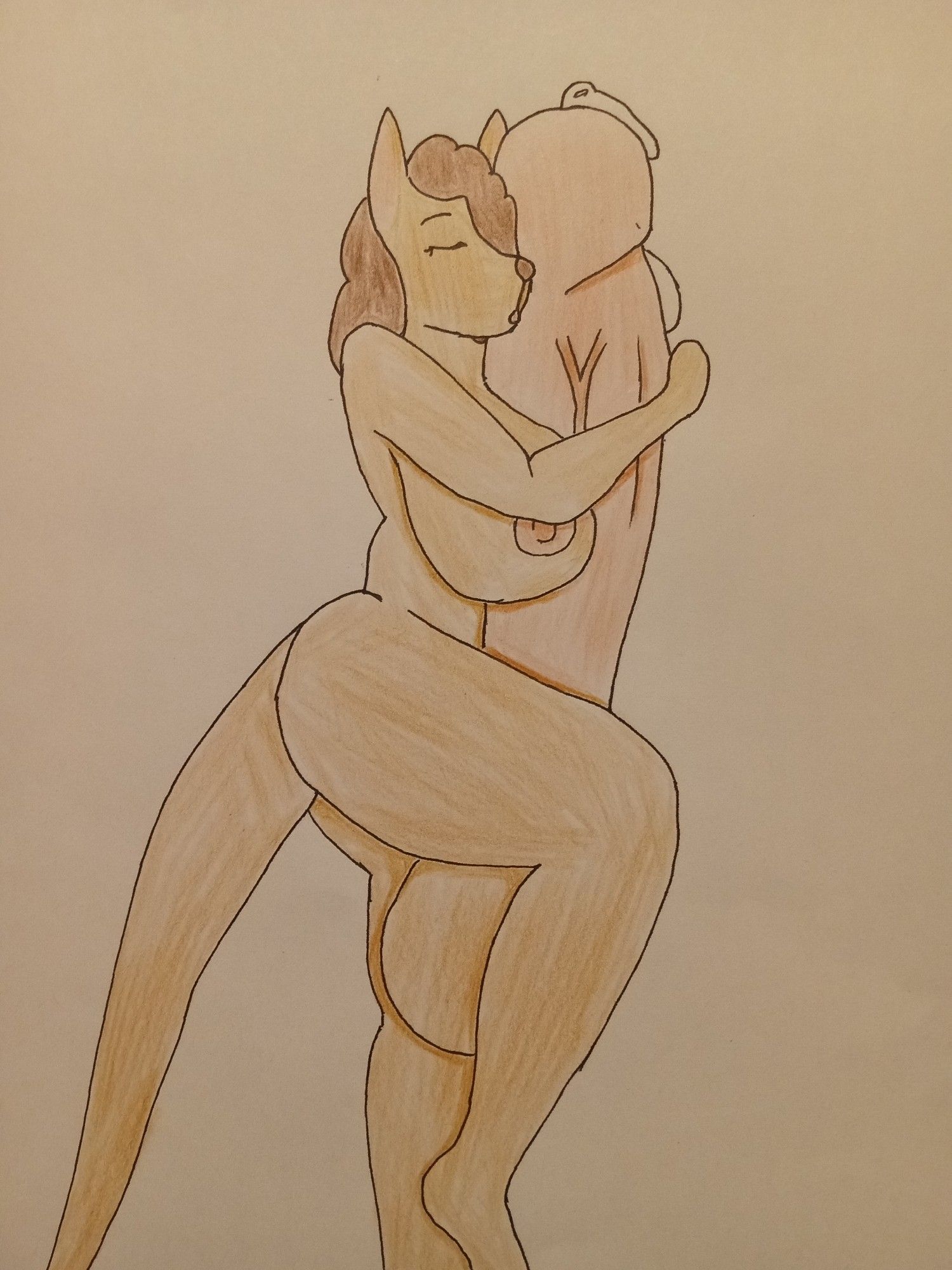 A kangaroo girl sleeping in the nude and hugging her massive penis.