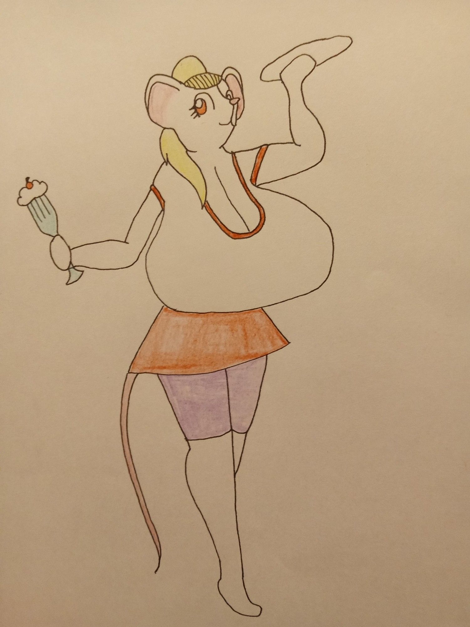 A mouse girl with white fur, blonde hair that is tied into a ponytail, and massive breasts. Her outfit consists of a white tee shirt and a pink skirt wity purple leggings underneath.