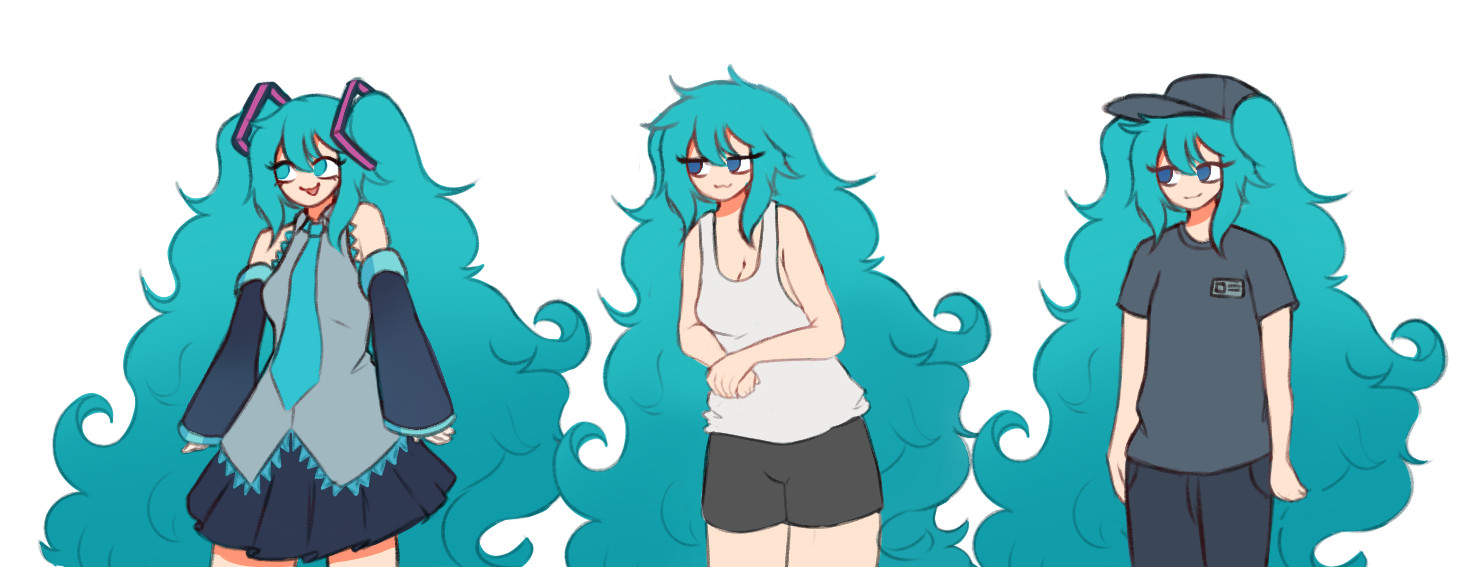 3 miku with extremely fluffy hair. 1: regular miku, 2: pajamas miku, 3: retail uniform miku