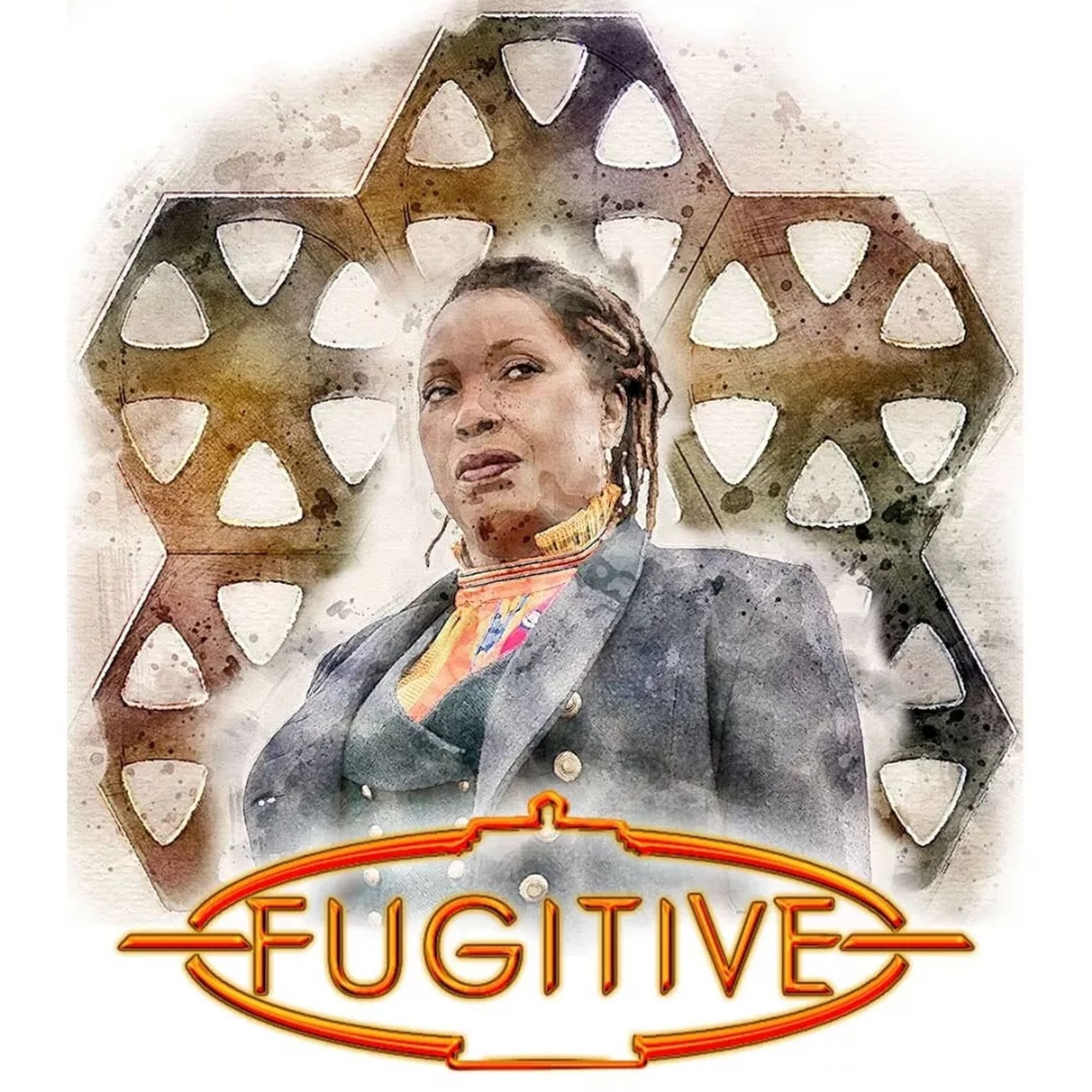 Jo Martin as the Fugitive Doctor with a Jodie Whittaker styled logo