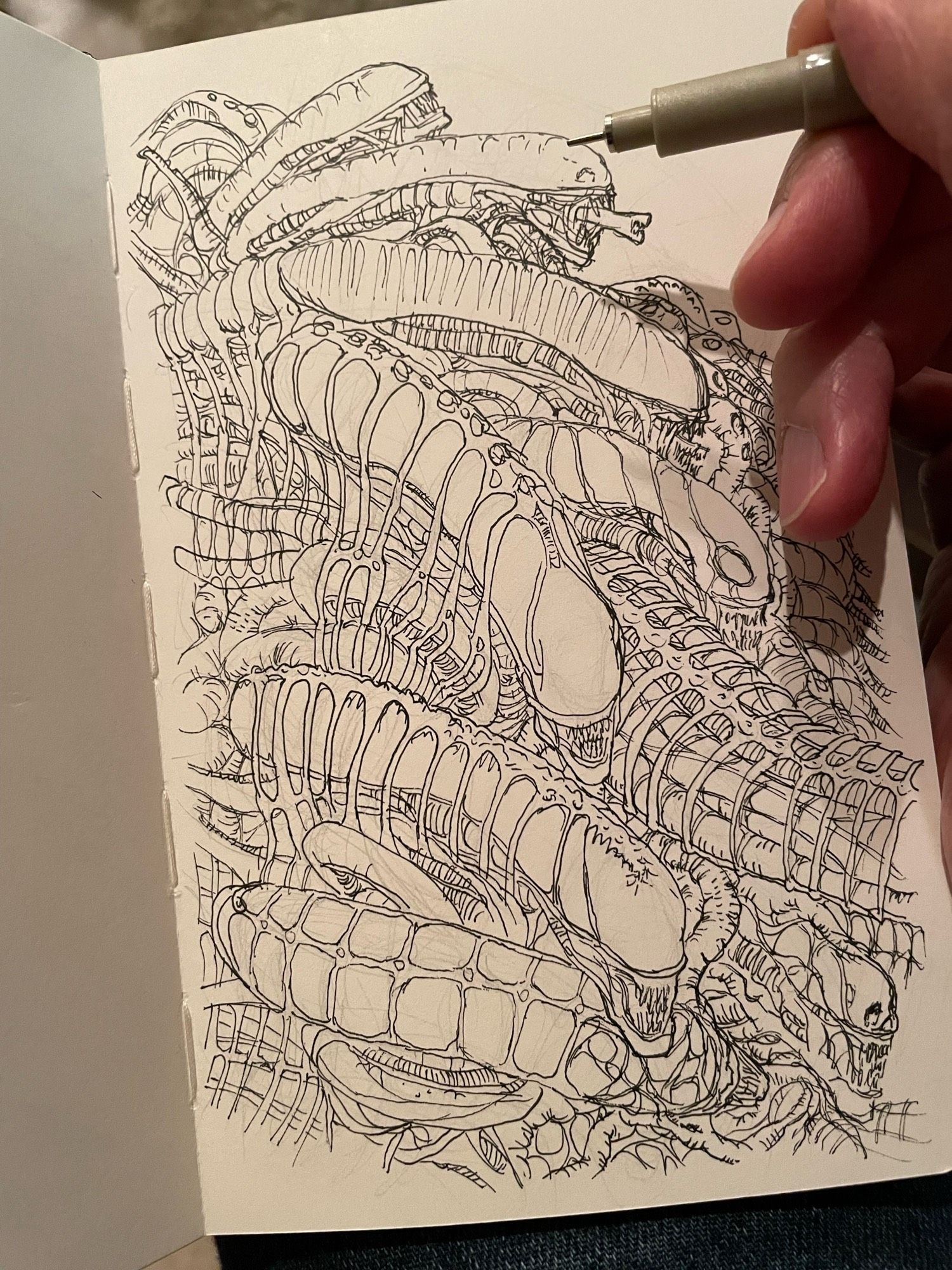 Sketch of Xenomorph swarm body horror .