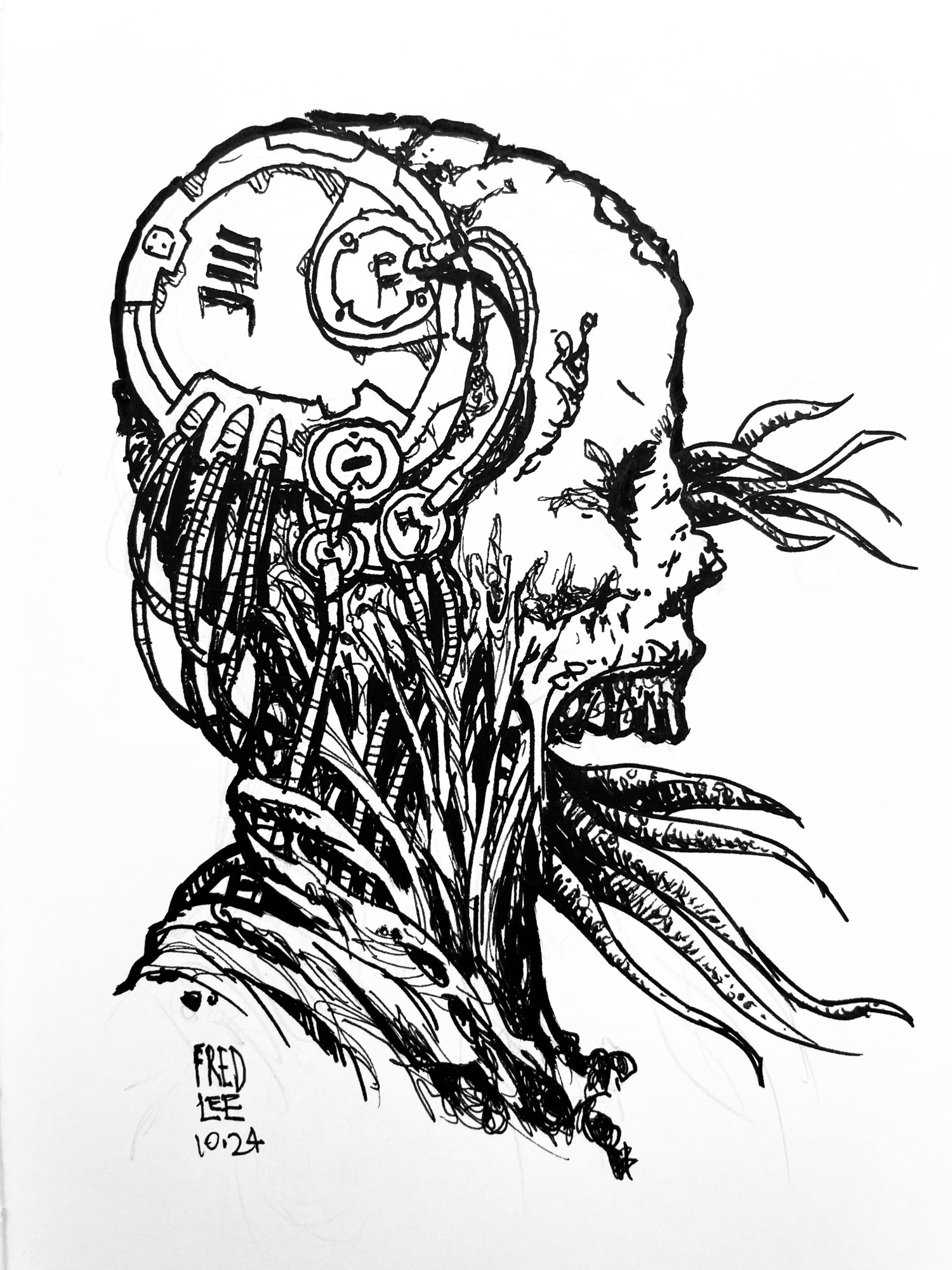 Day 18 zombieskulltober post of zombie mech with lots of wires and sinew and tendons.