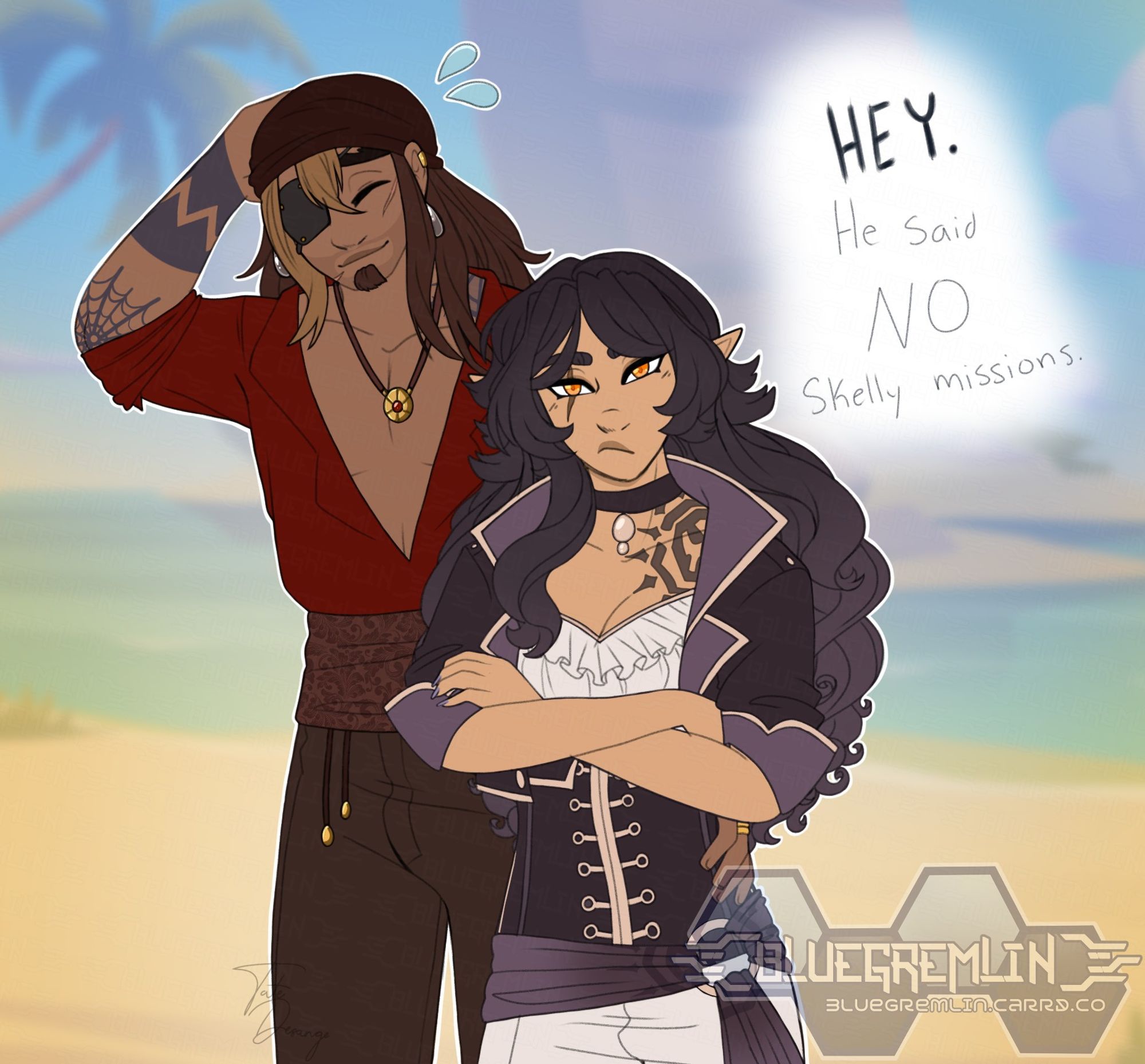 Picture shows a pirate woman, arms crossed, defending her himbo husband. They asked for NO skelly missions, and she's going to make sure they get NO skelly missions. X'D