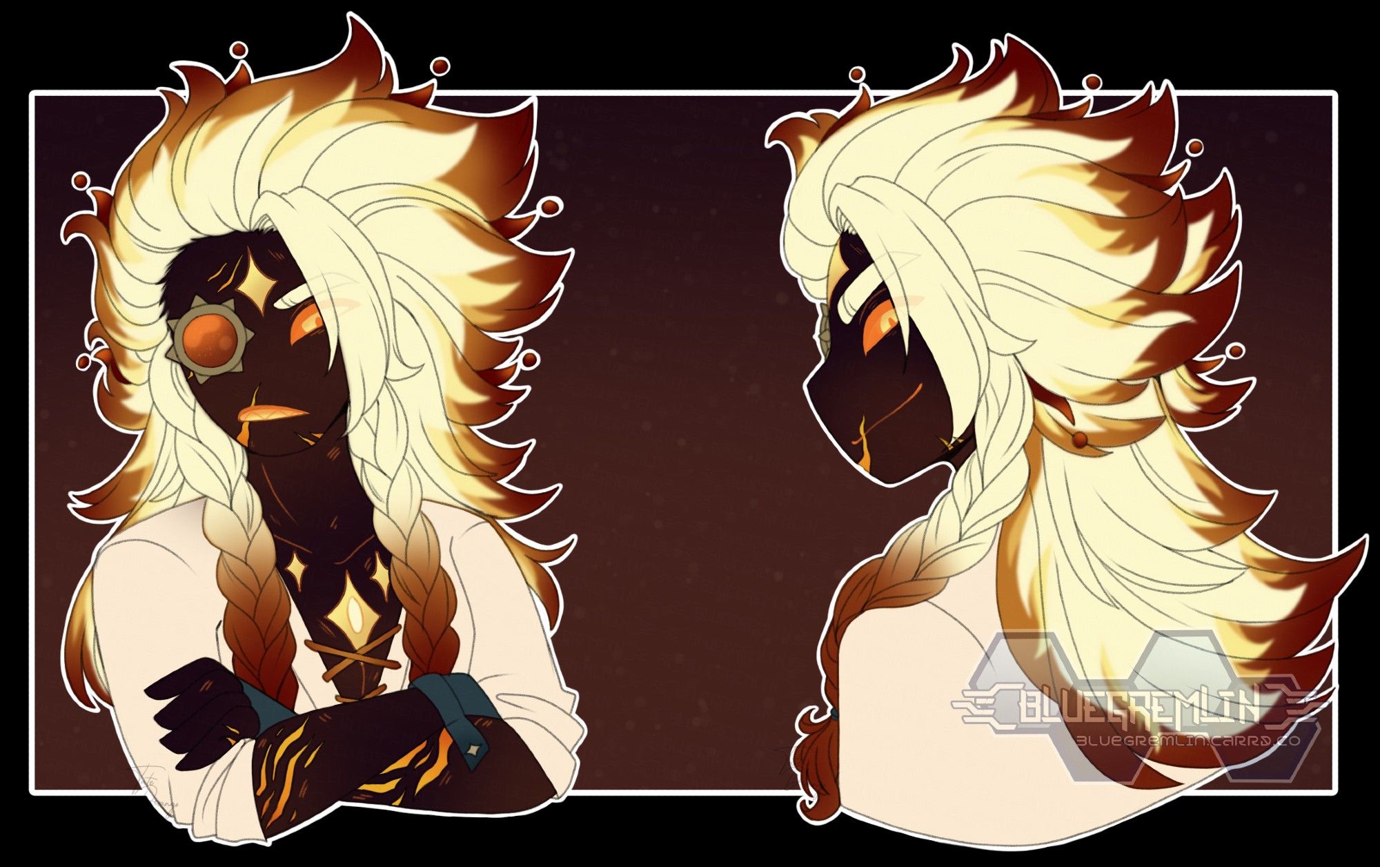 Image depicts a solar-themed OC, with long fluffy hair. First bust-up depicts him generally annoyed, the second shows him once more back to his cocky self. These are hair references for the OC