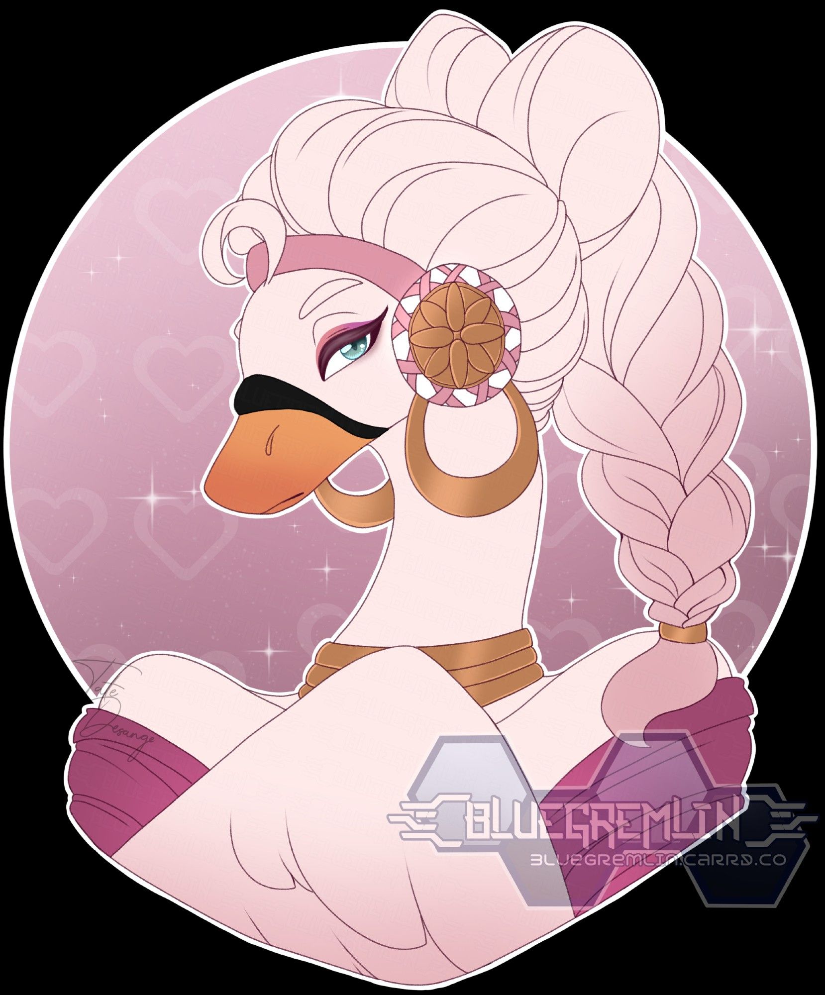 Image shows a goose rito OC, with long braided hair. She sports a pink outfit, and is holding a feathered arm to her chest.