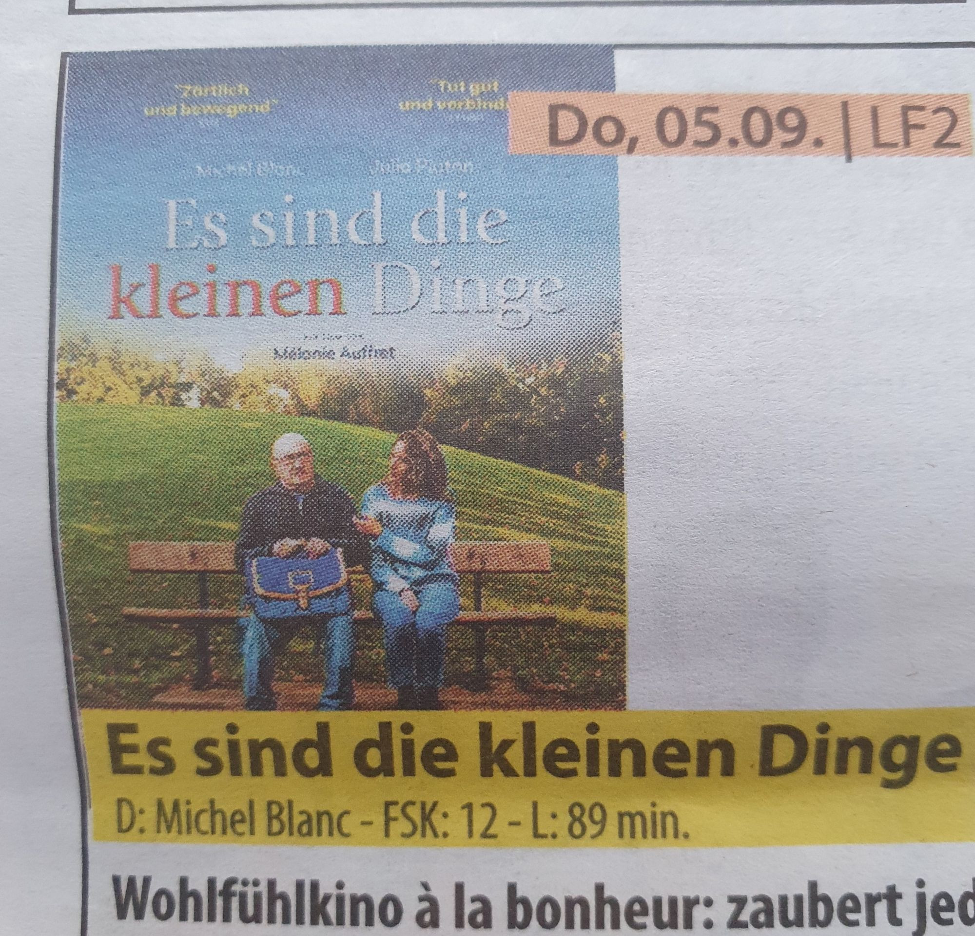 Ausschnitt aus Kinoprogramm, Ankündigung für den Film "Es sind die kleinen Dinge"