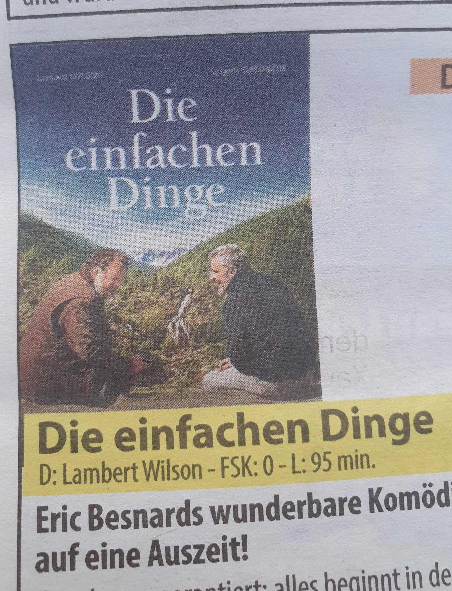 Ausschnitt aus Kinoprogramm, Ankündigung für den Film "Die einfachen Dinge"