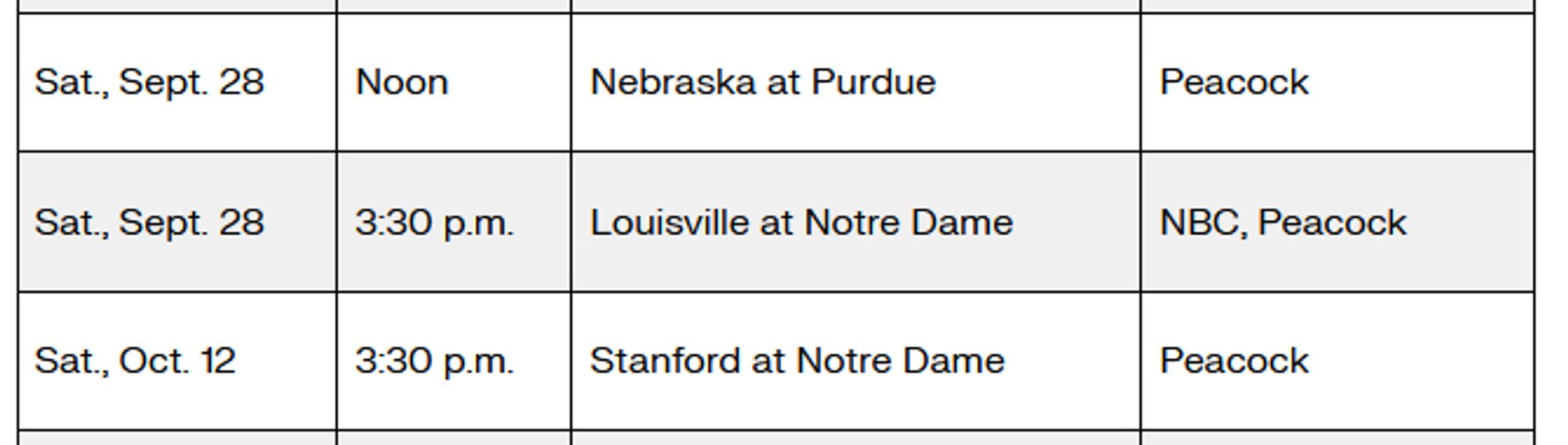 Sat. Sept. 28 | Noon | Nebraska at Purdue | Peacock
Sat. Sept. 28 | 3:30 p.m. | Louisville at Notre Dame | NBC, Peacock
Sat. Oct. 12 | 3:30 p.m. | Stanford at Notre Dame | Peacock