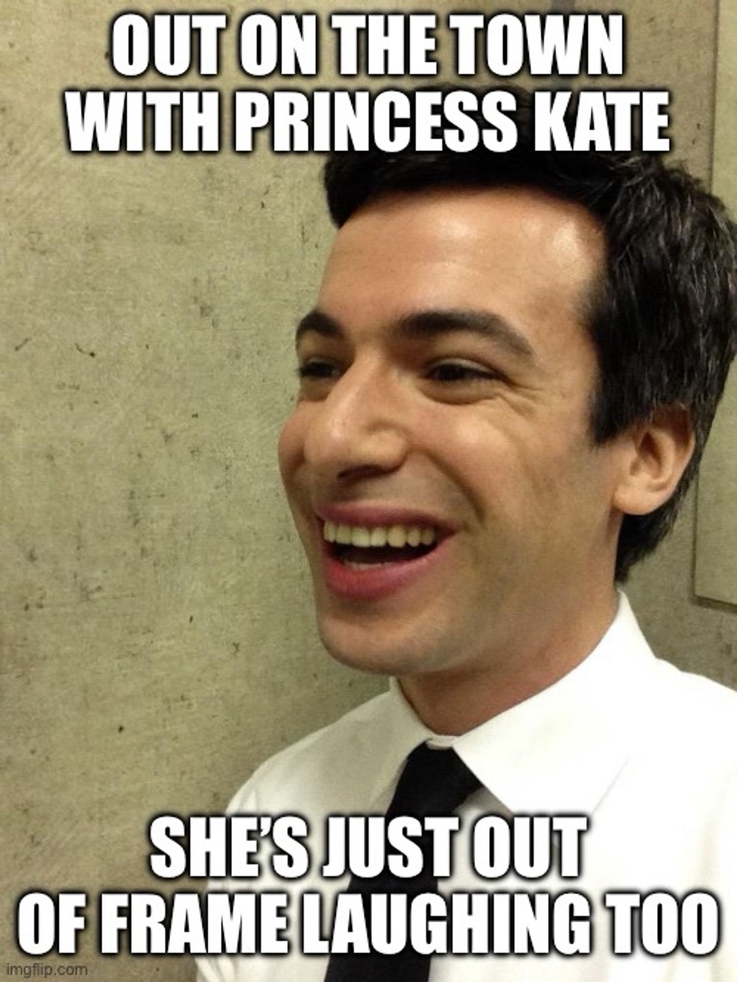 Nathan Fielder stood alone. The caption reads out on the town with Princess Kate. She’s just out of frame laughing too